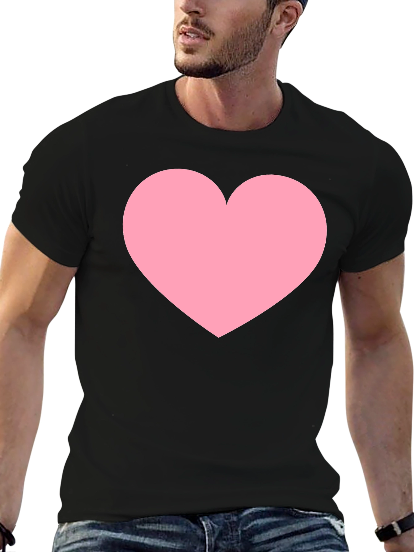 Black Men's Black T-Shirt with Pink Heart Print view 6