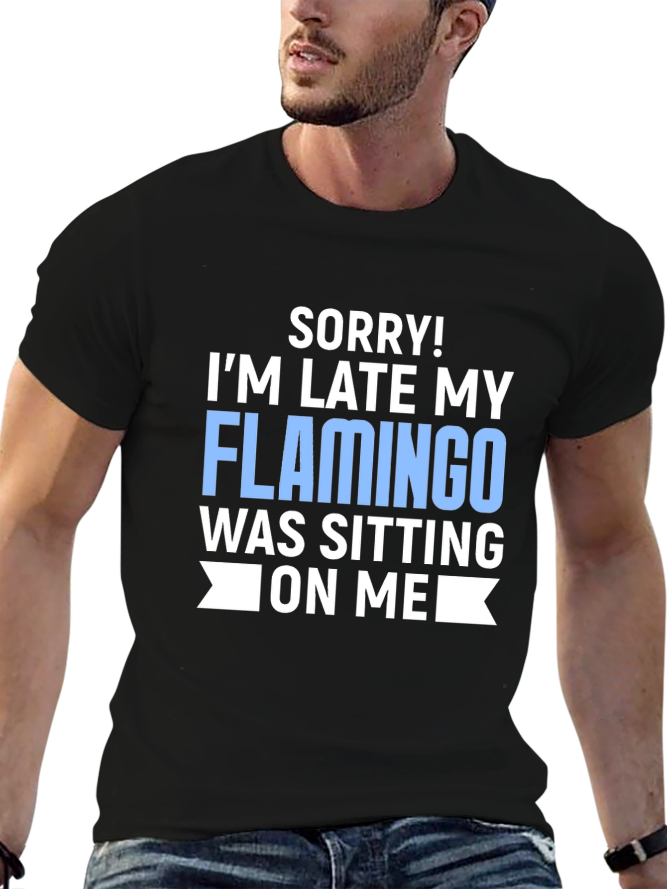 Black Funny Flamingo T-Shirt - 'Sorry I'm Late' Novelty Tee view 6