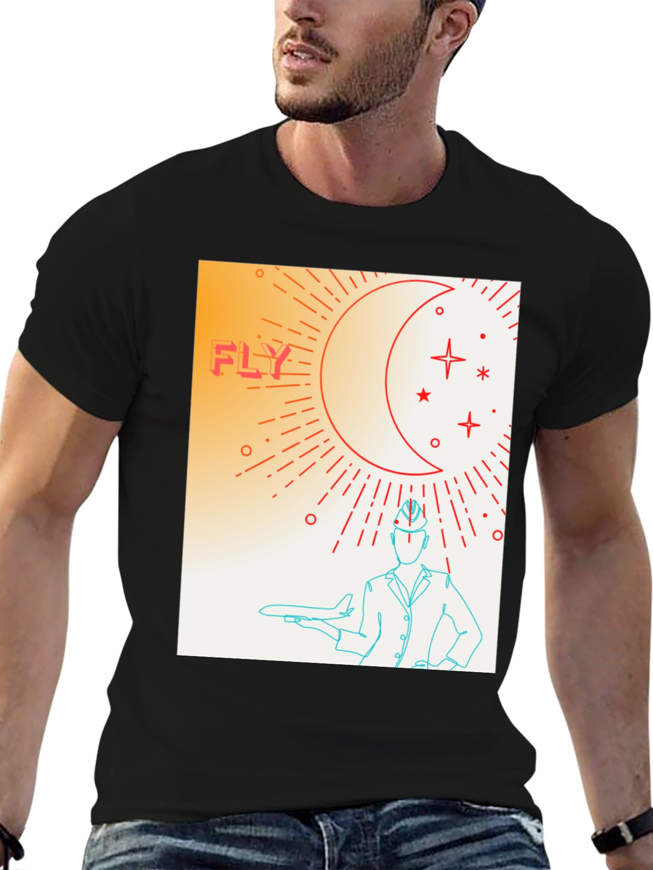 Black Fly High Graphic Tee - Airplane & Stars Design view 6