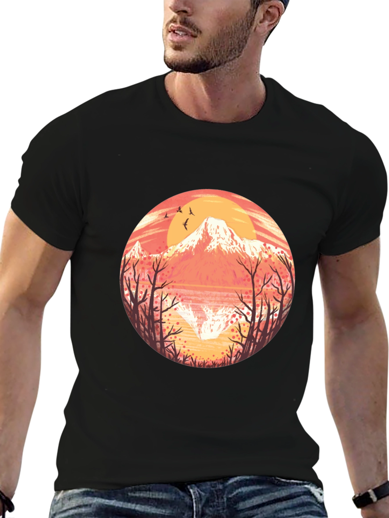 Black Mountain Sunset Graphic Tee - Black Cotton T-Shirt view 6