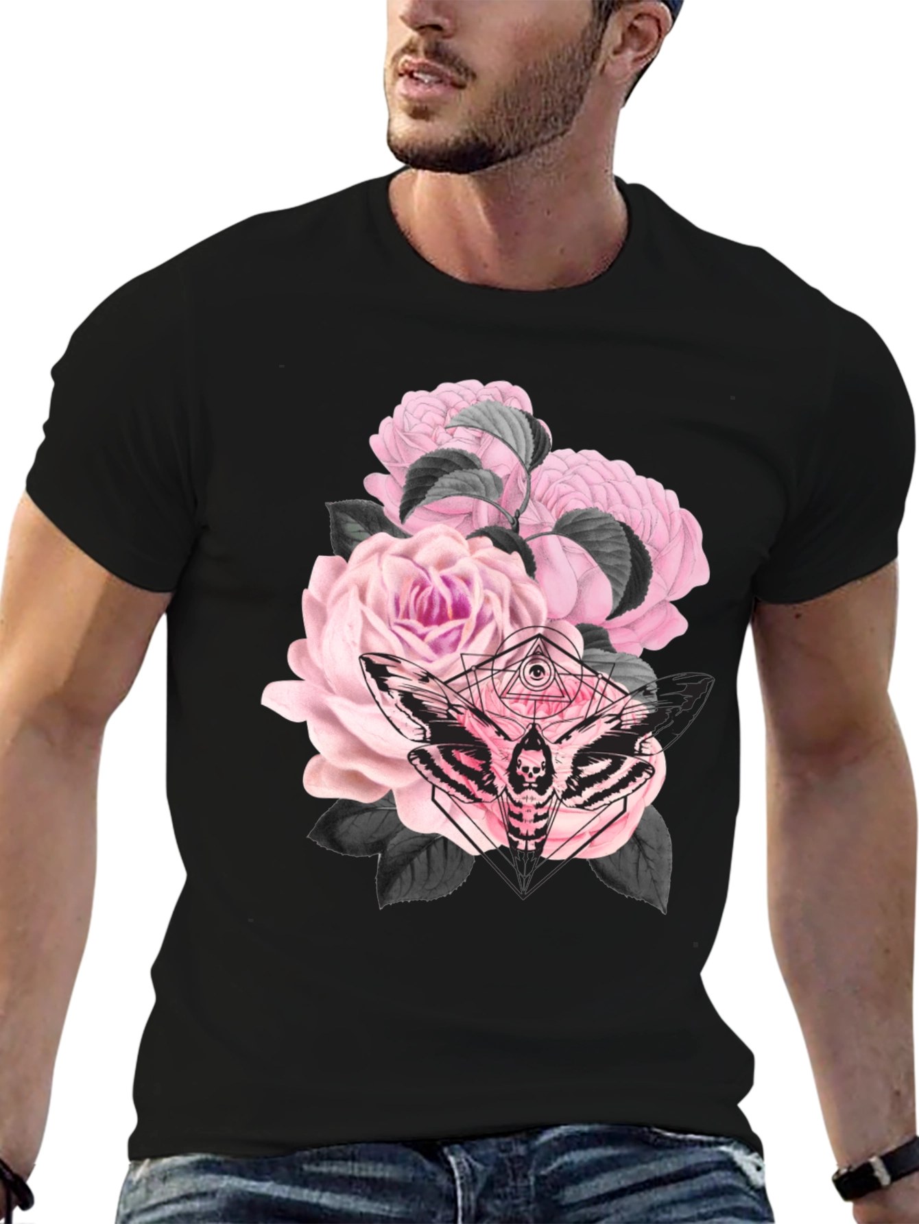 Black Gothic Floral Moth Black T-Shirt view 6