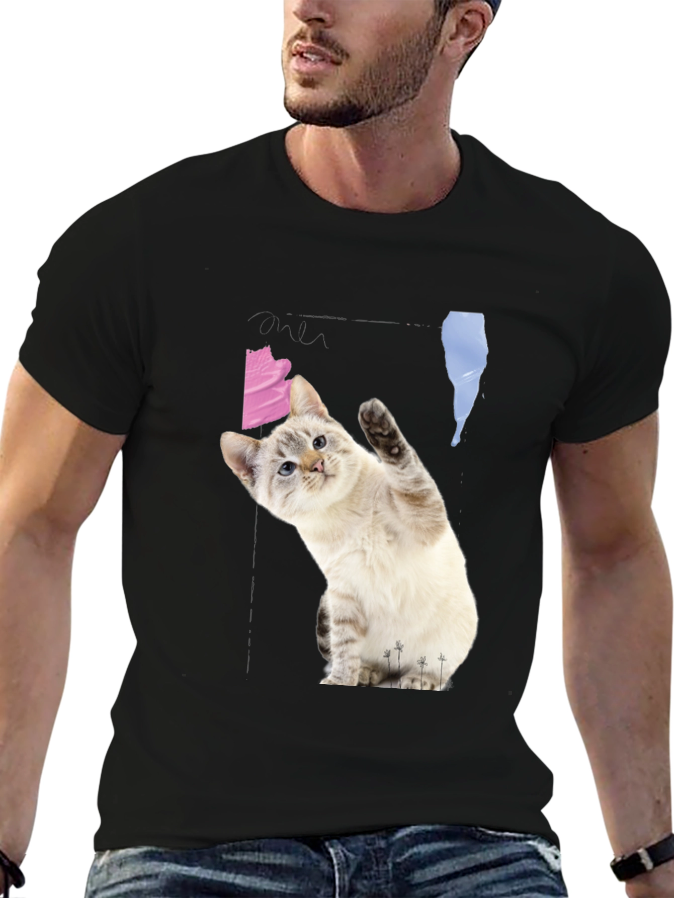 Black Cute Cat Waving Black T-Shirt view 6