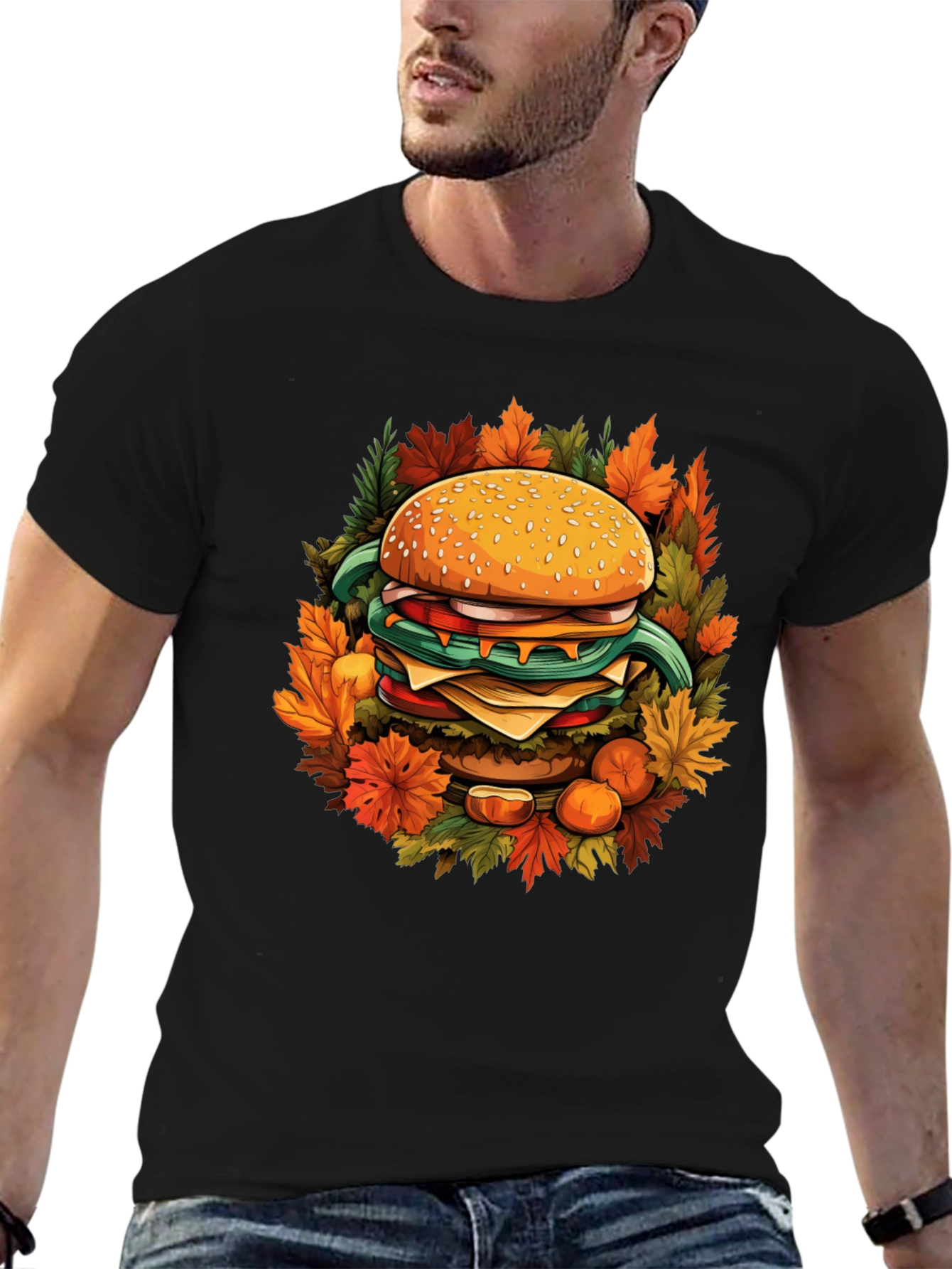 Black Burger Fall Graphic Tee - Black Cotton Casual Wear view 6