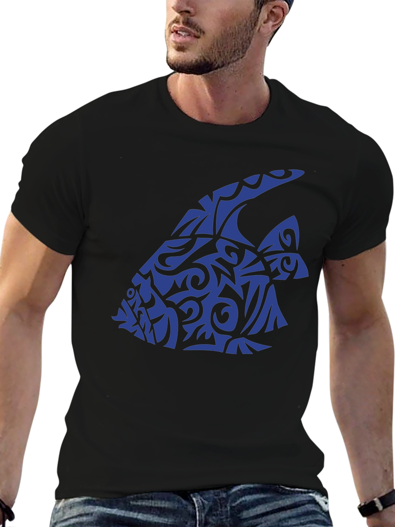 Black Tribal Fish Graphic Black T-Shirt view 6