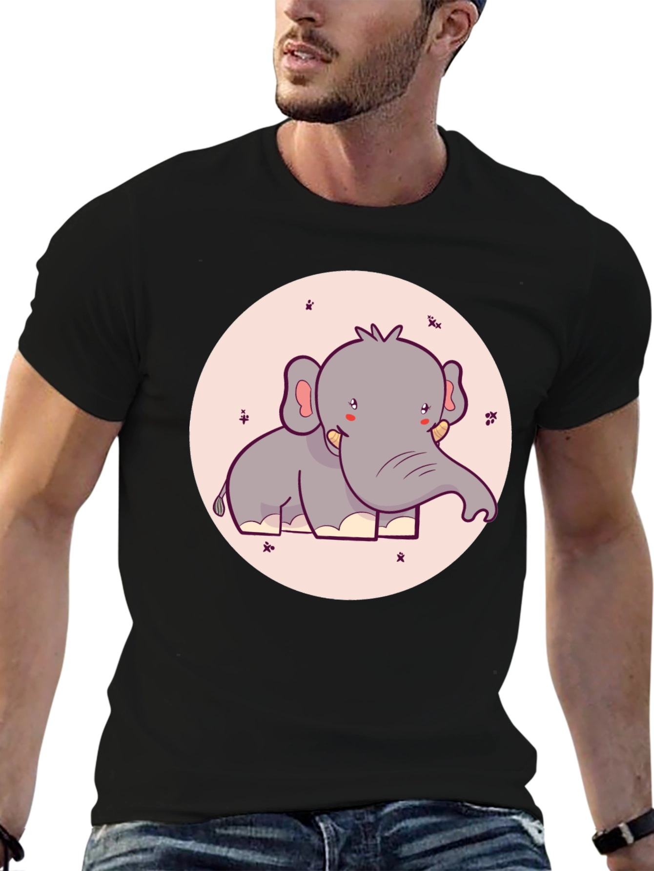 Black Cute Elephant Graphic Tee - Black Cotton T-Shirt view 6