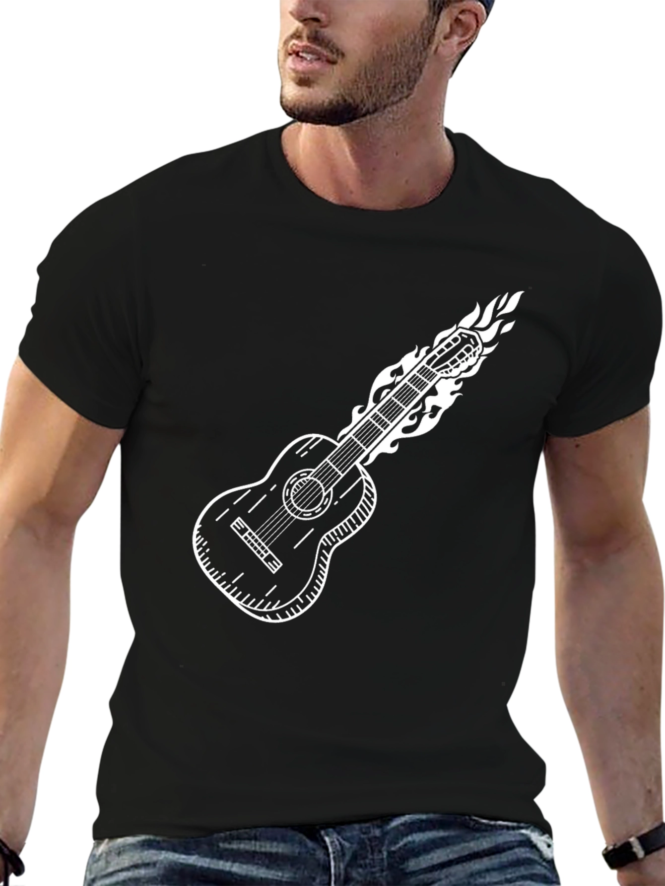 Black Flaming Guitar T-Shirt - Classic Black Cotton Tee view 6
