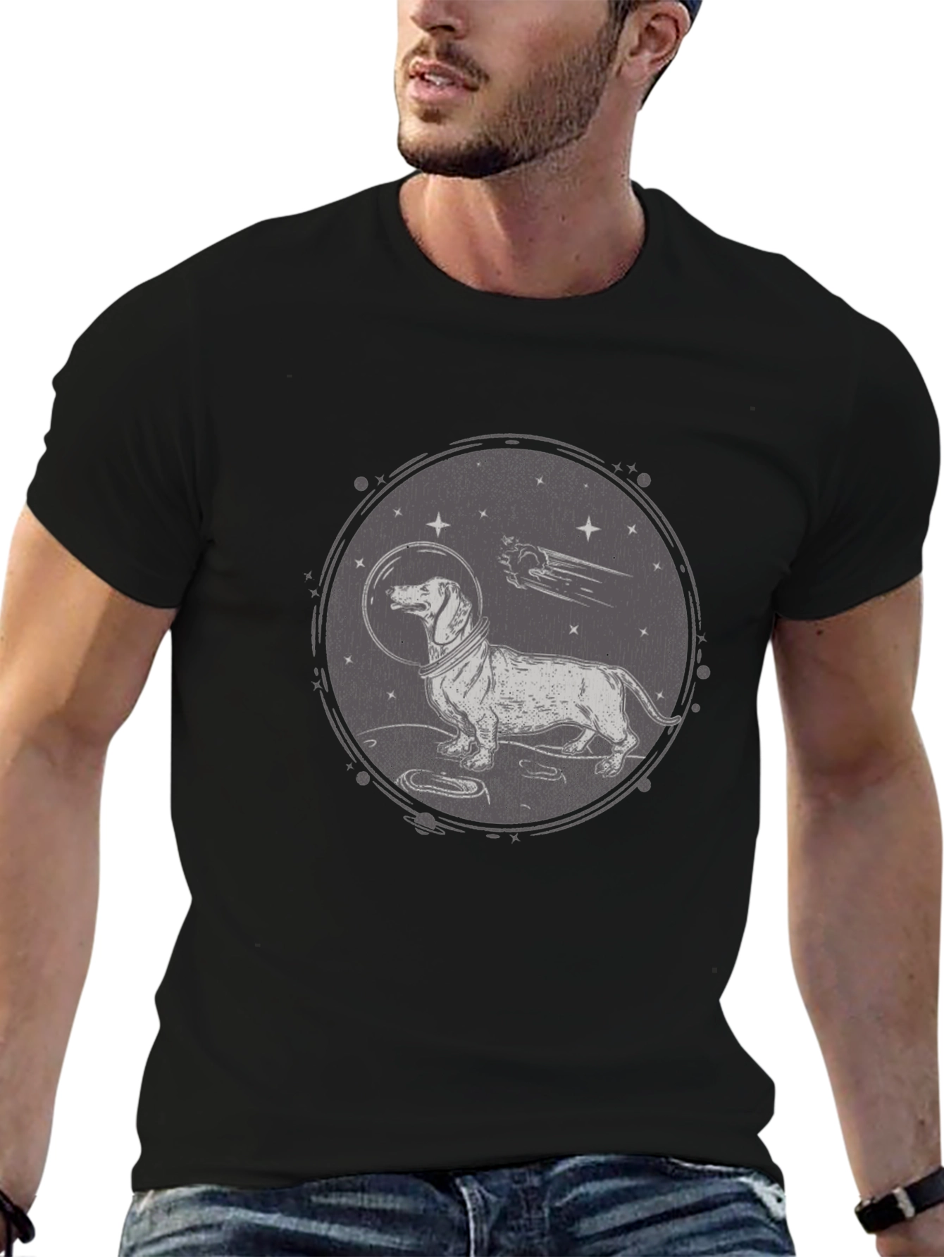 Black Dachshund Astronaut Graphic T-Shirt - Black Crew Neck view 6