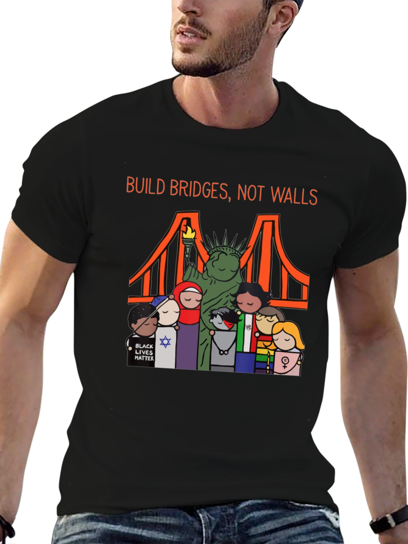 Black Build Bridges Not Walls Diversity Graphic Tee view 6
