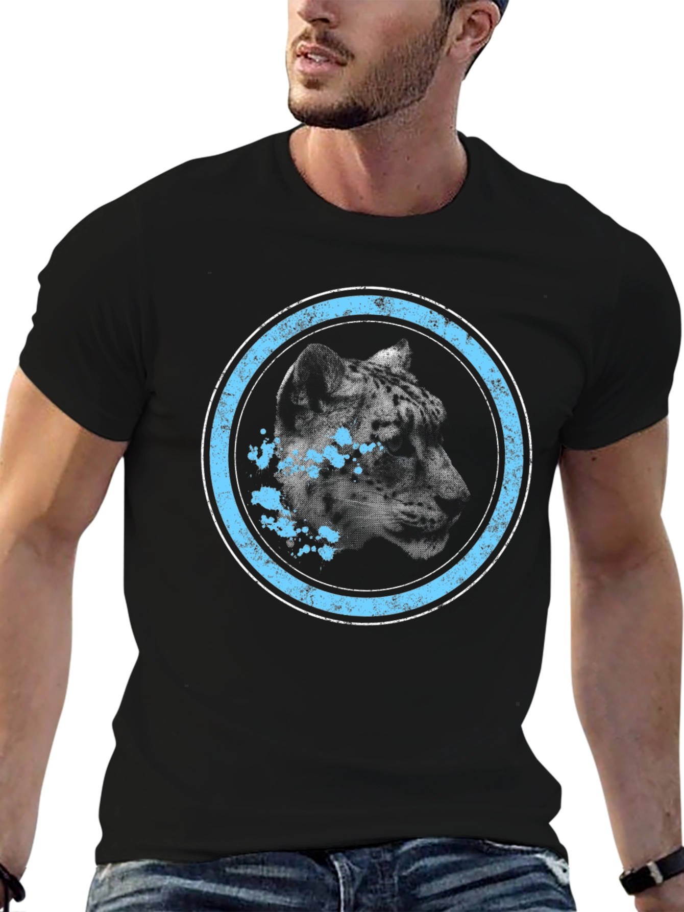 Black Leopard Graphic Tee - Distressed Blue Circle Design view 6