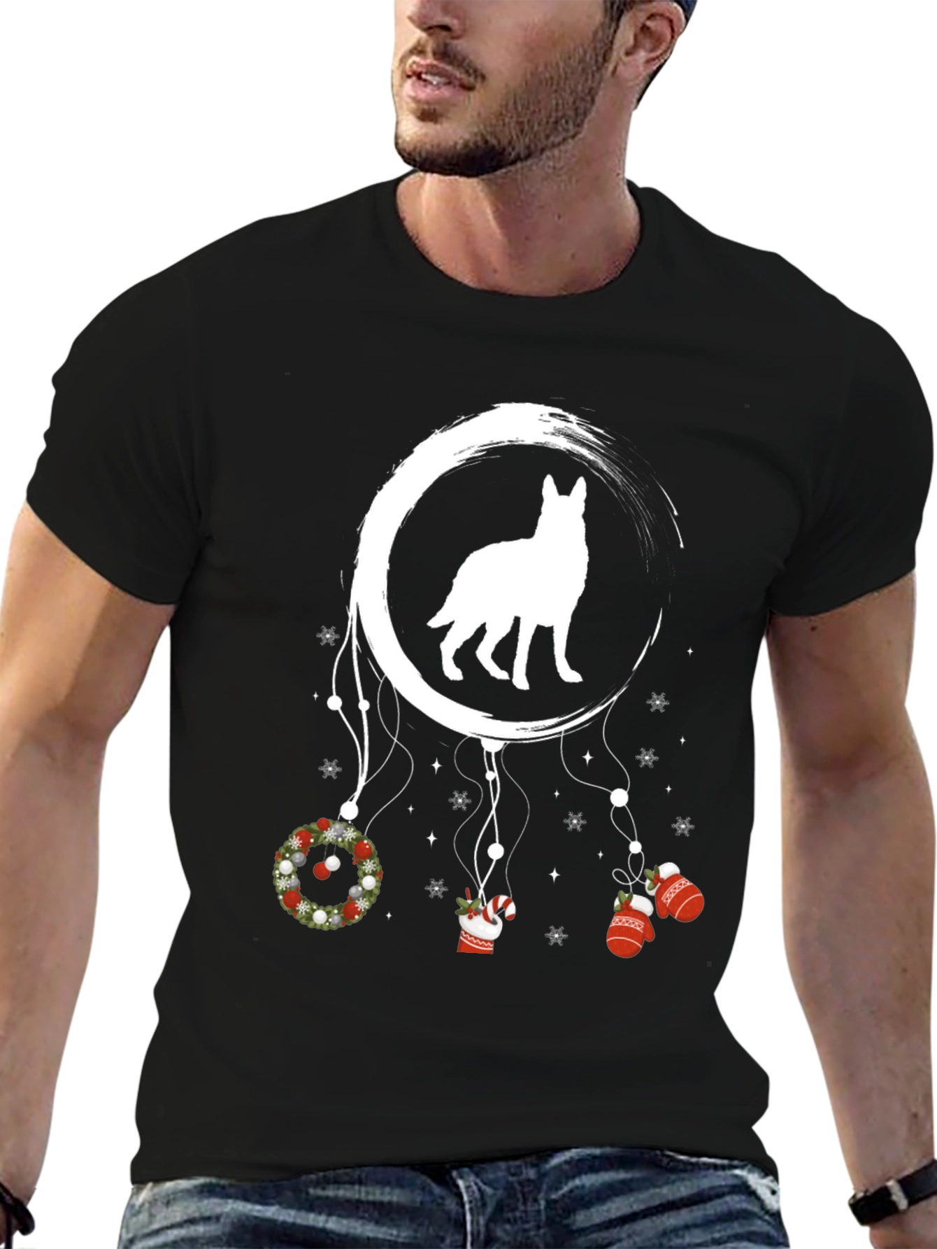 Black Dog Dreamcatcher Christmas T-Shirt view 6