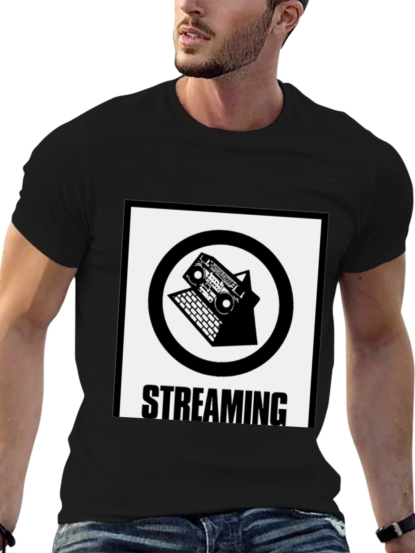 Black Streaming T-Shirt: Boombox & Laptop Design view 6