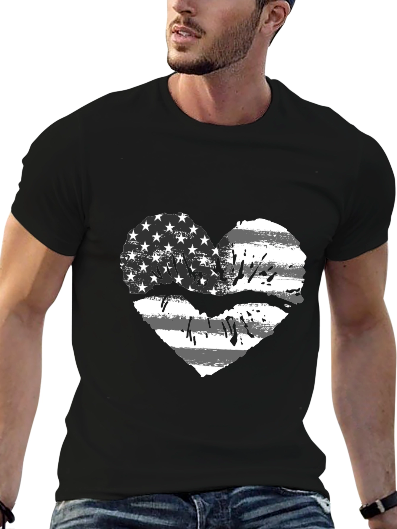 Black American Flag Heart Lips Black T-Shirt view 6