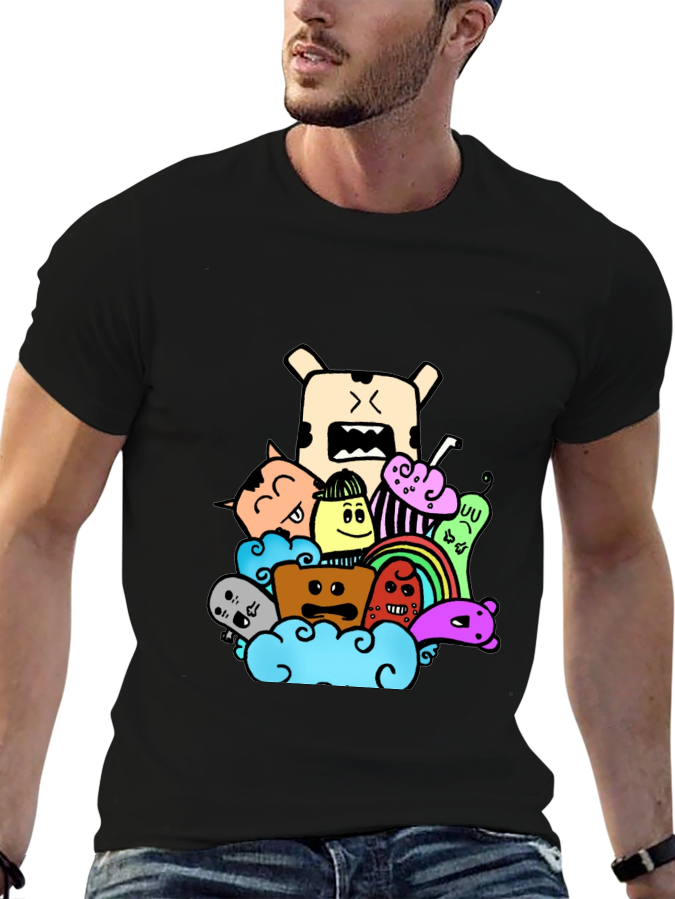 Black Doodle Cartoon Graphic Print Black T-Shirt view 6