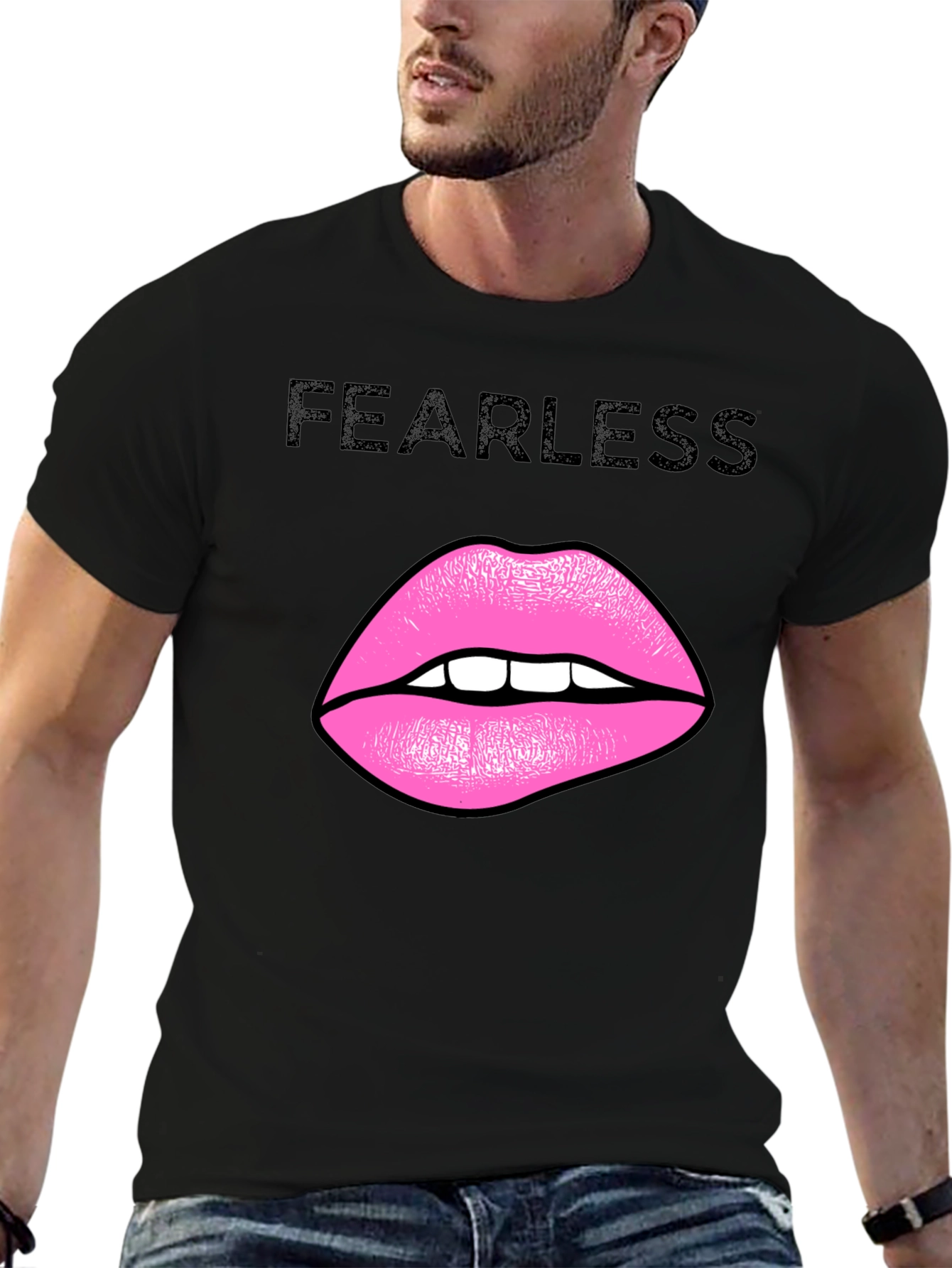 Black Fearless Lips Graphic Black T-Shirt view 6