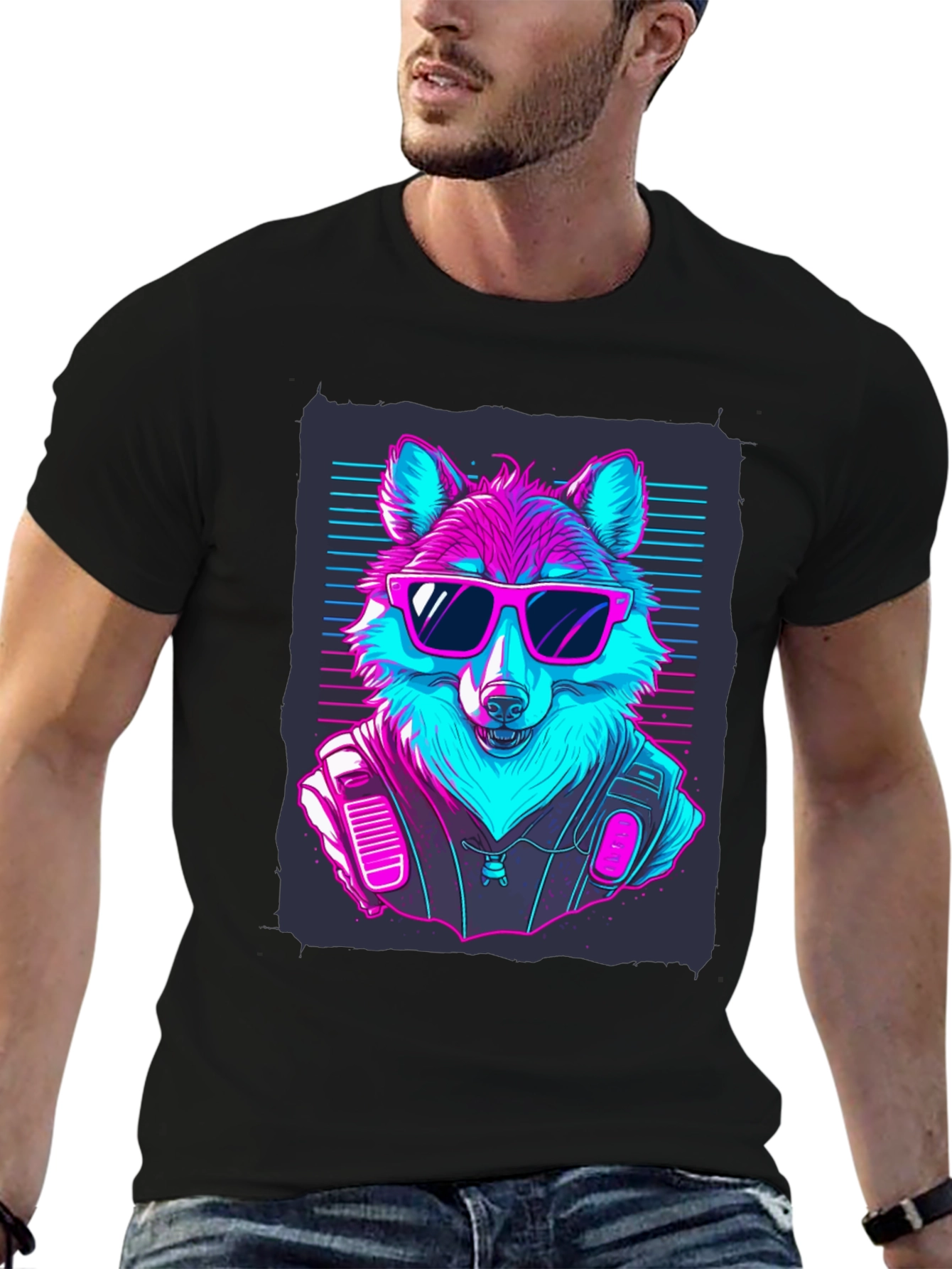 Black Retro Wolf T-Shirt: Cool Canine Vibes view 6