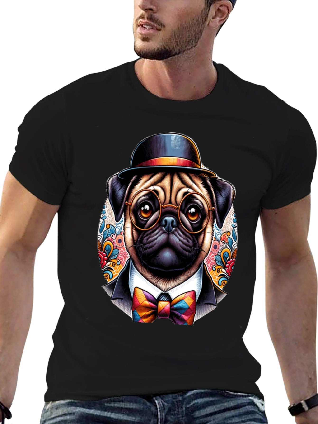 Black Dapper Pug T-Shirt - Stylish Dog Graphic Tee view 6
