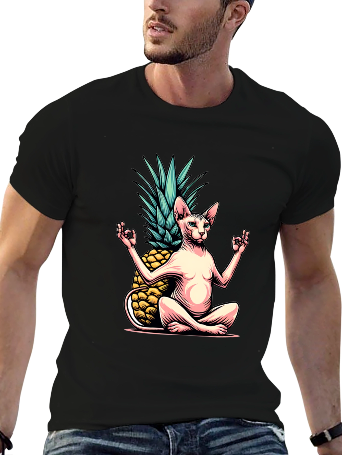 Black Zen Cat Pineapple T-Shirt - Meditating Sphynx Tee view 6