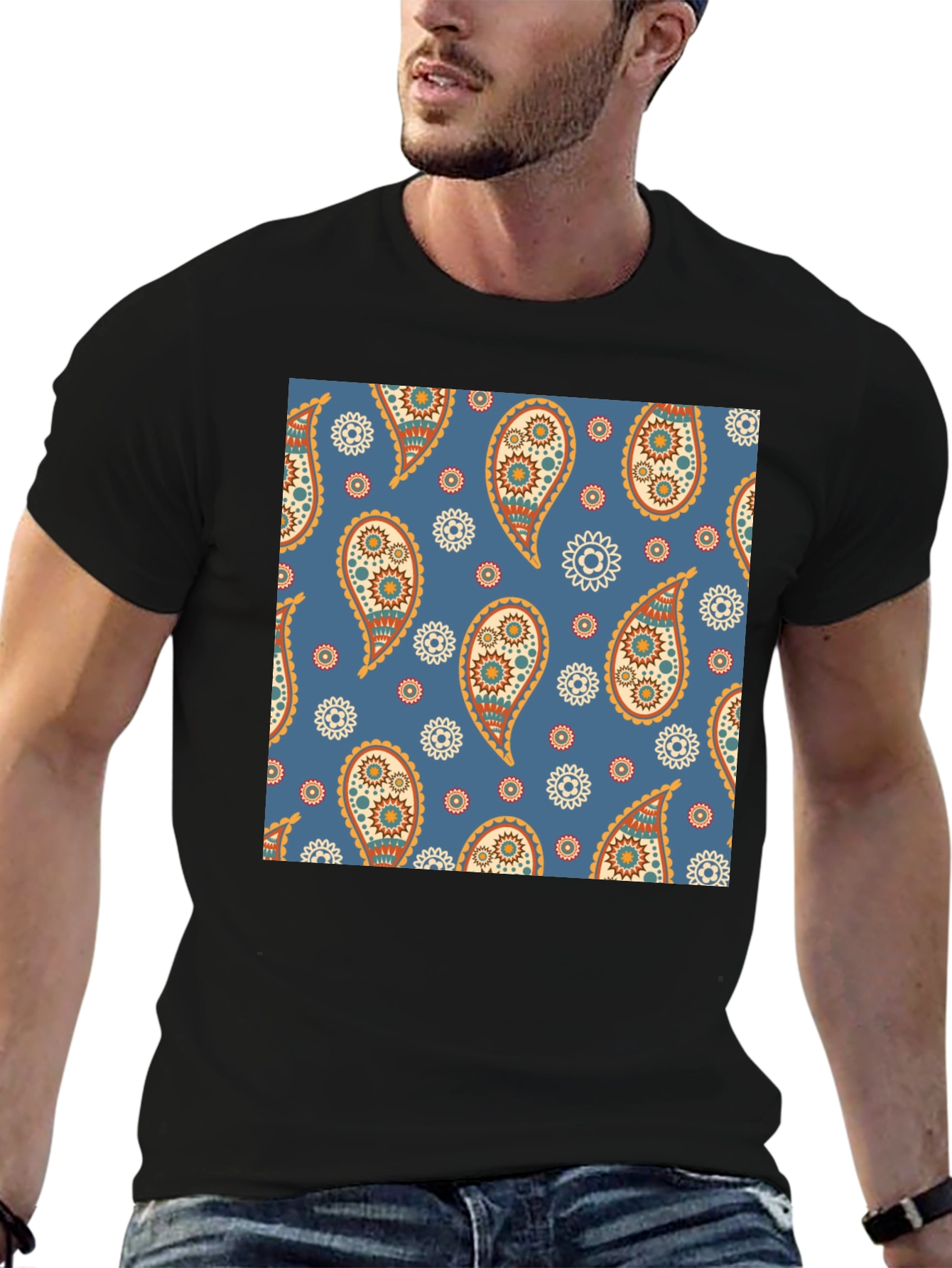 Black Paisley Pattern Black T-Shirt view 6