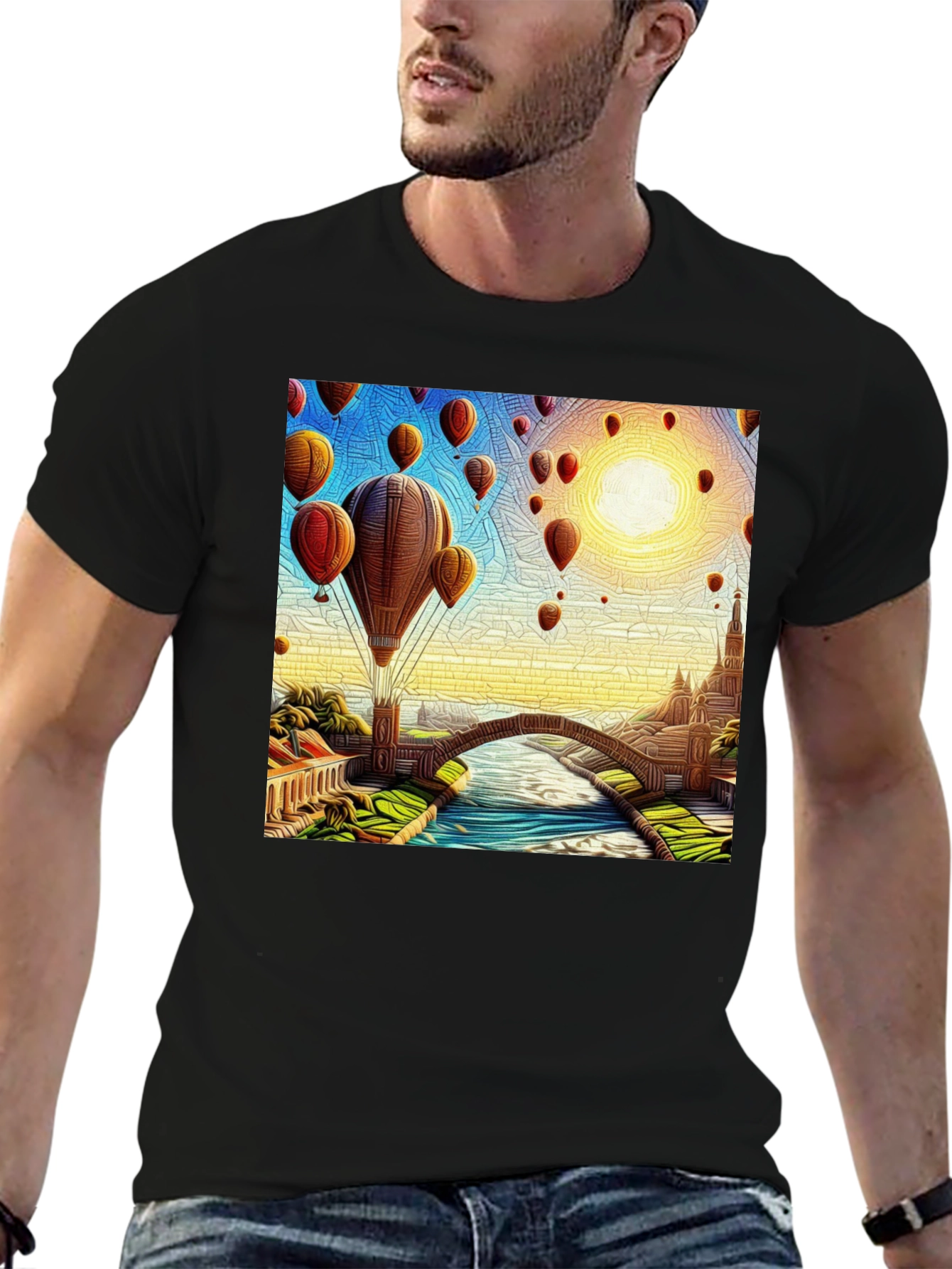 Black Hot Air Balloon Landscape Graphic Tee view 6
