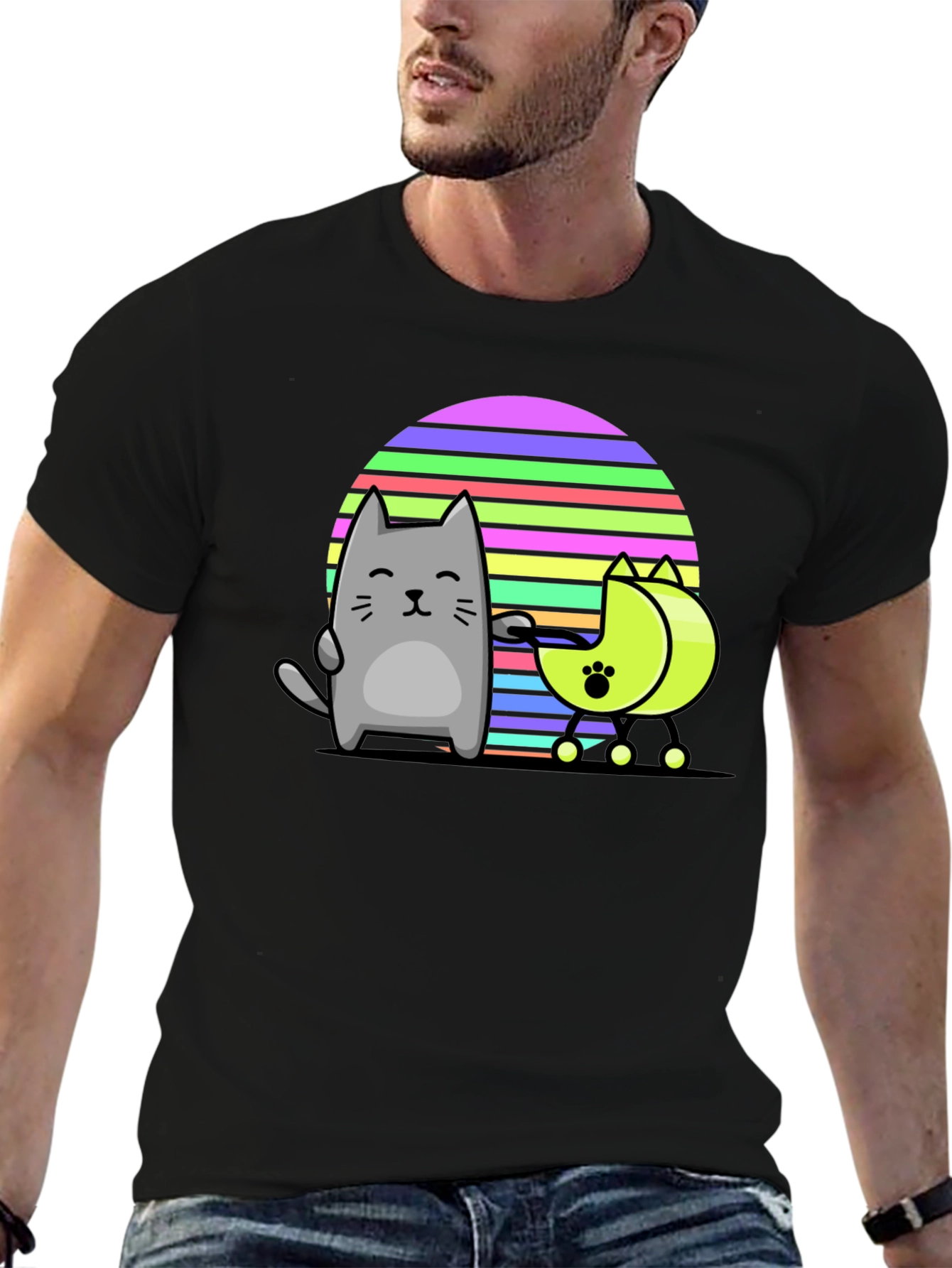 Black Cute Cat and Moon Walker T-Shirt view 6