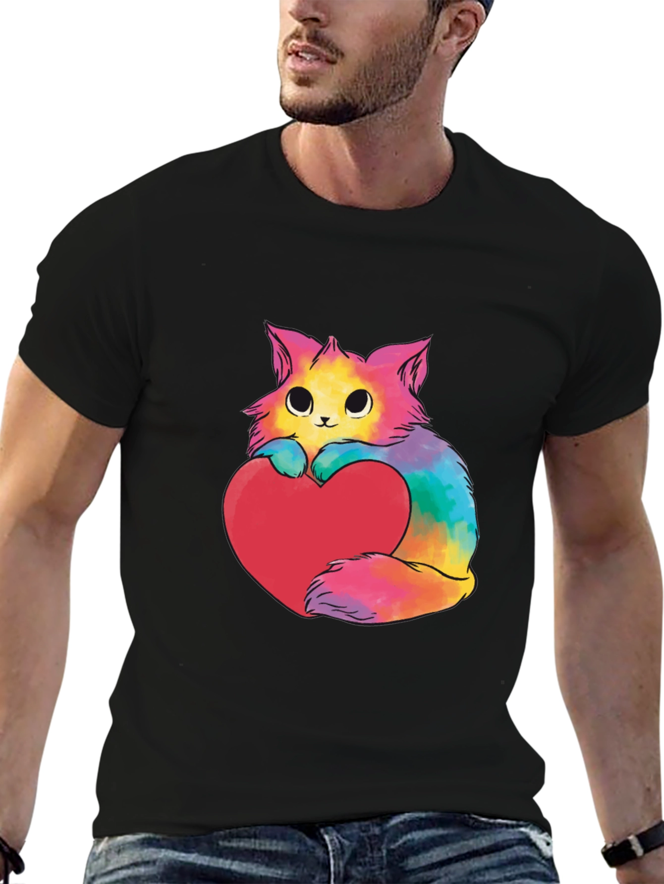 Black Rainbow Cat Heart Graphic Tee - Unisex view 6