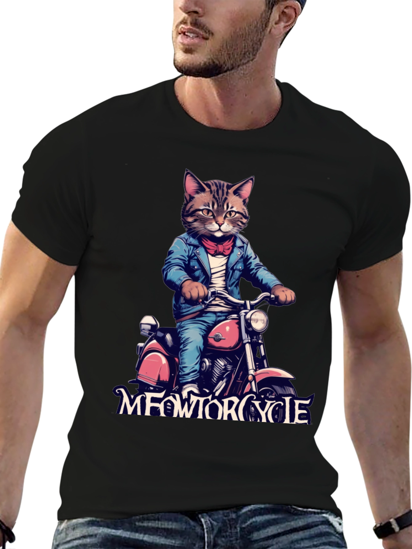 Black Meowtorcycle Cat T-Shirt view 6