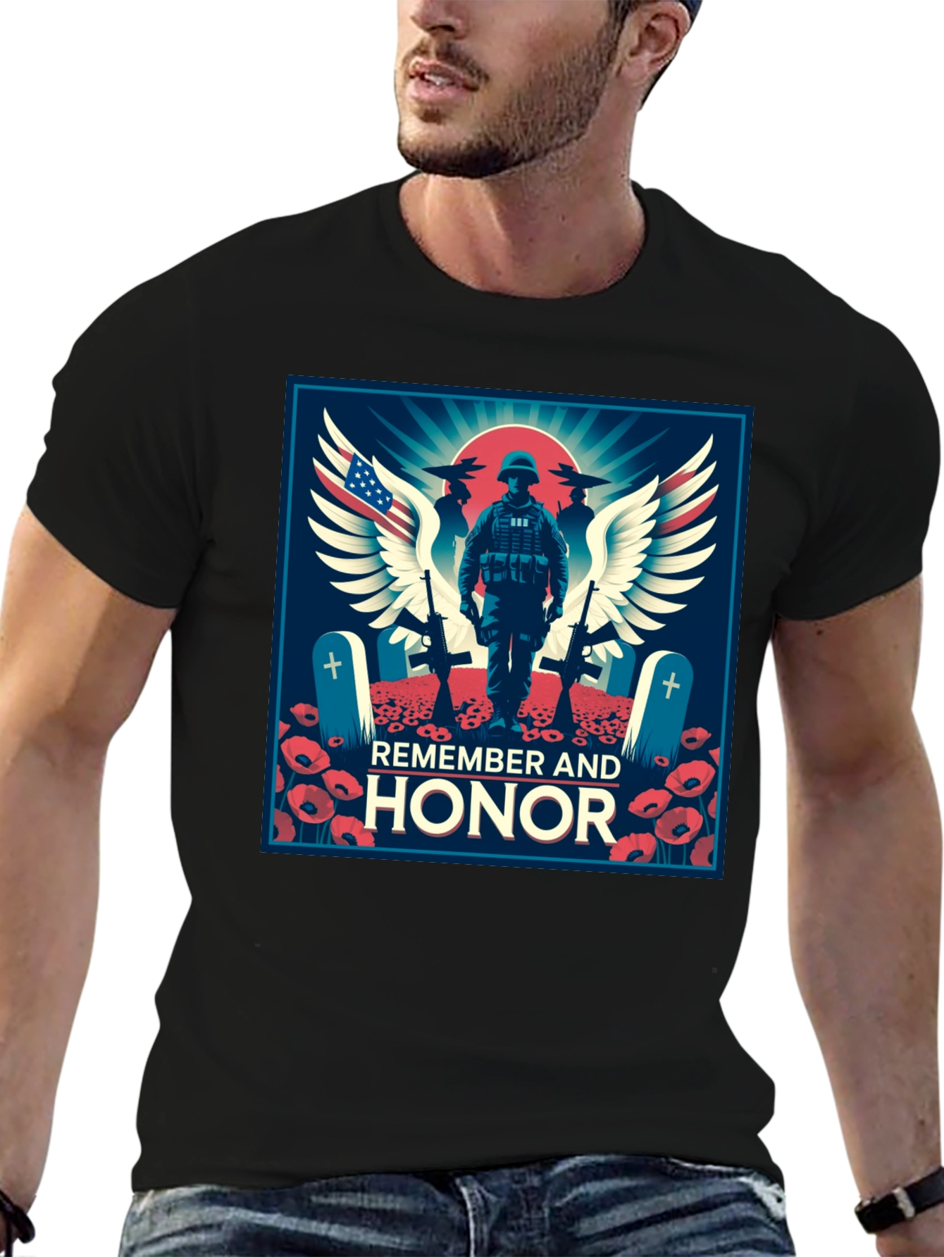 Black Remember & Honor T-Shirt, Patriotic Graphic Tee view 6