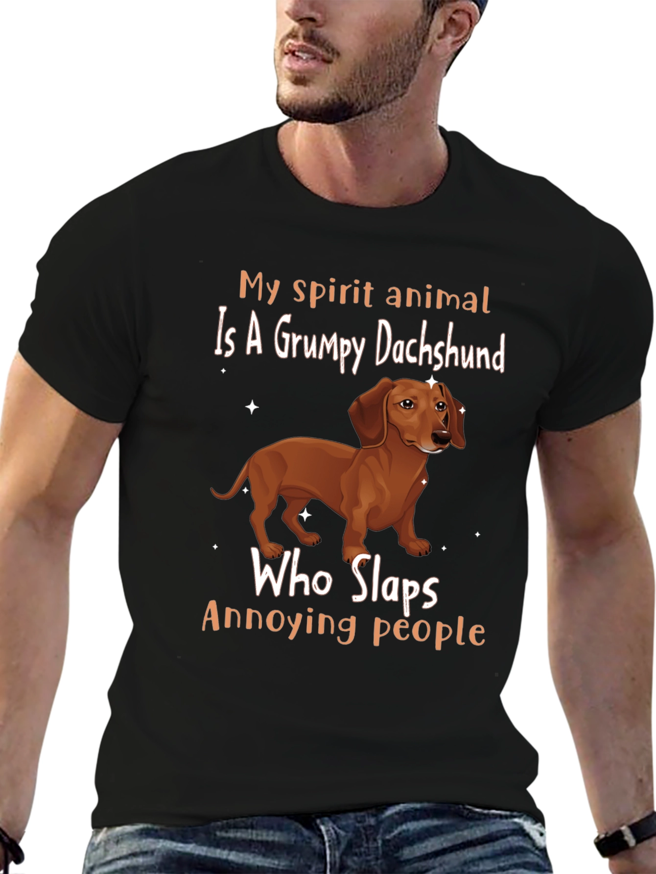 Black Grumpy Dachshund Slaps Annoying People T-Shirt view 6