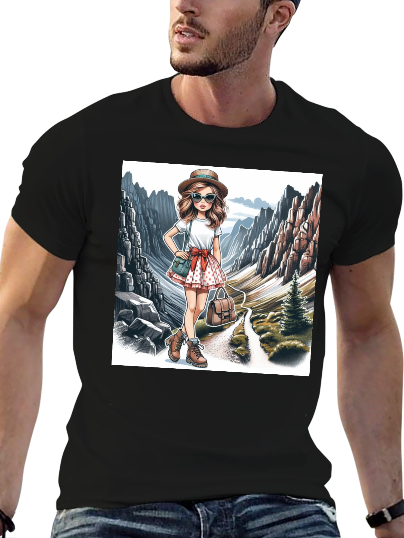 Black Stylish Hiking Girl Graphic T-Shirt view 6