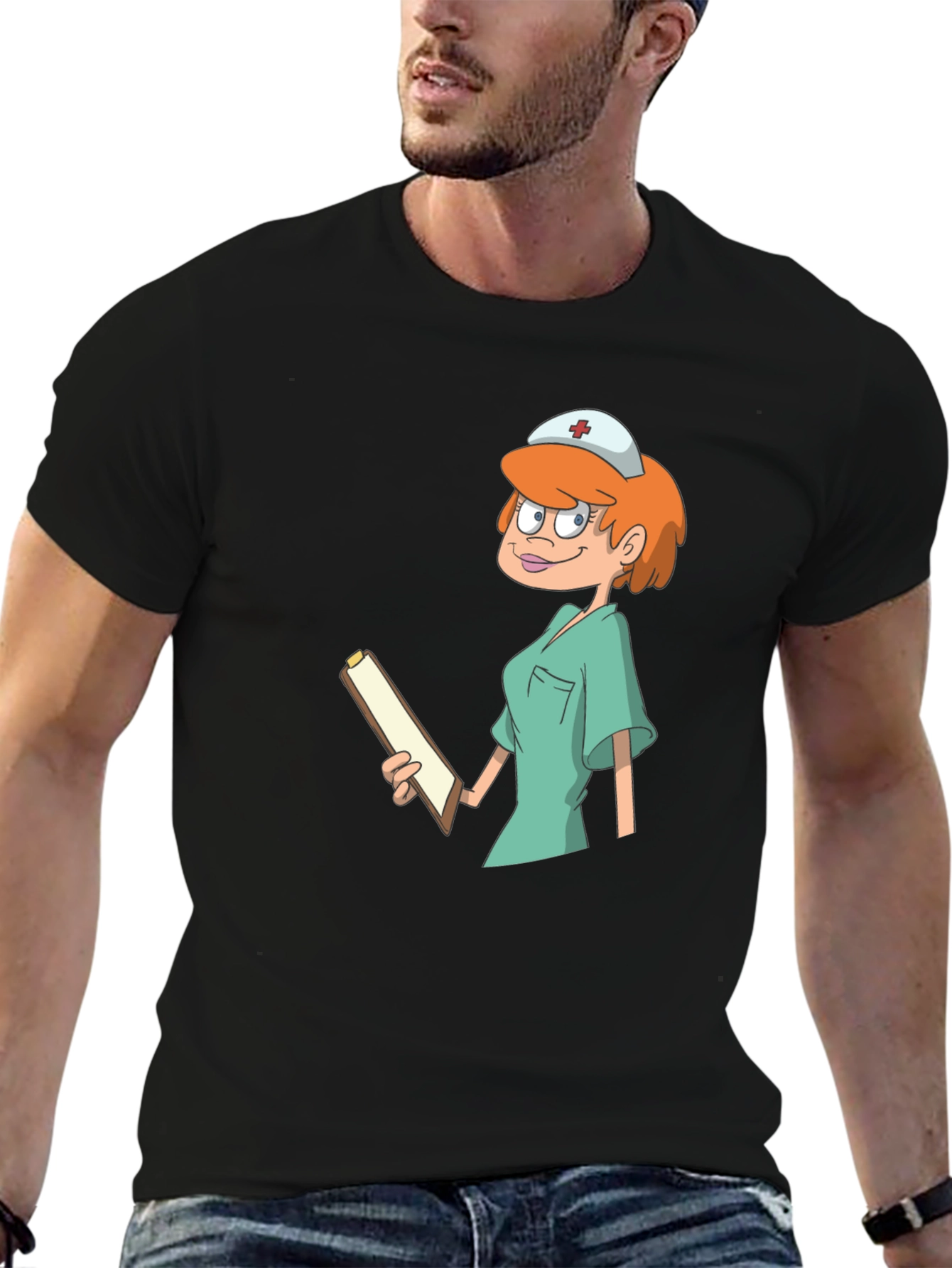 Black Cartoon Nurse Graphic Tee - Unisex Cotton T-Shirt view 6