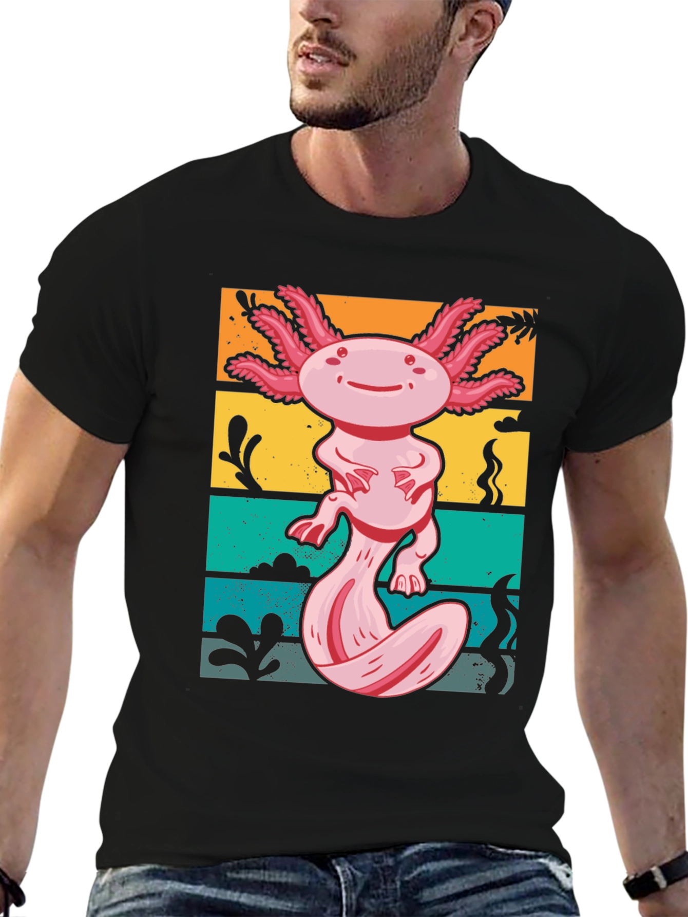 Black Axolotl Retro Graphic Tee - Men's Black T-Shirt view 6