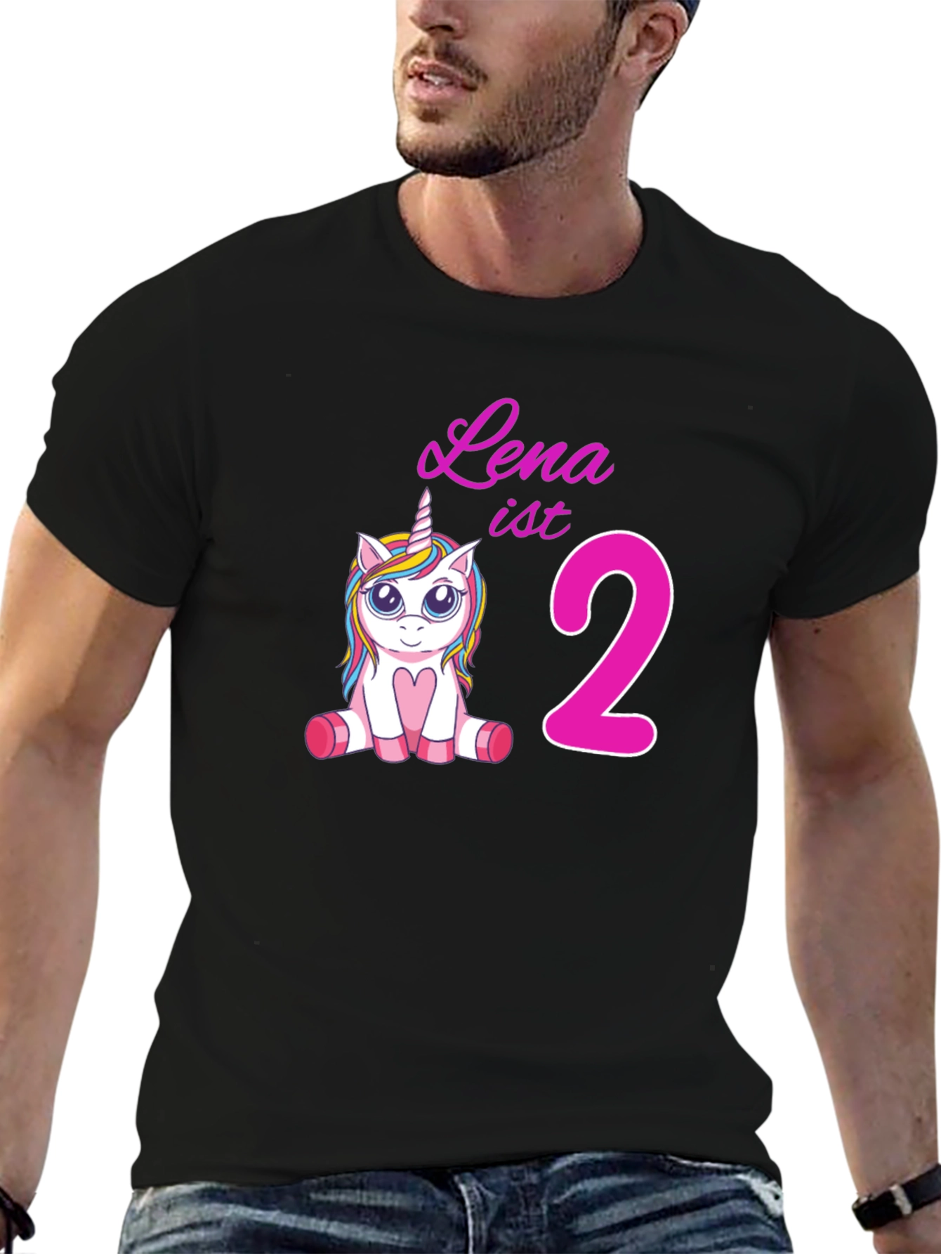 Black Cute 'Lena is 2' Unicorn Birthday Black T-Shirt view 6