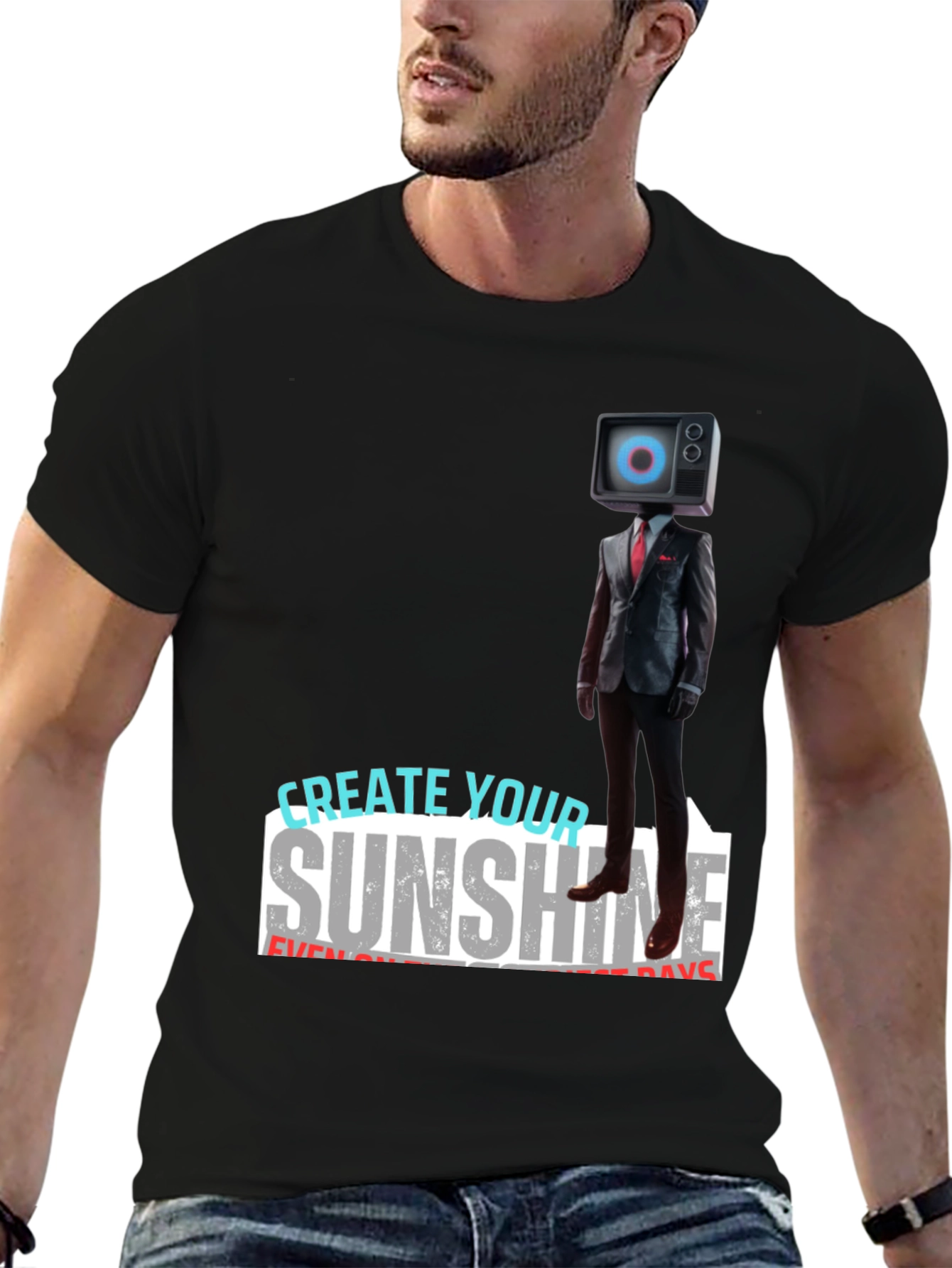 Black Modern TV Head Suit T-Shirt: Create Your Sunshine view 6