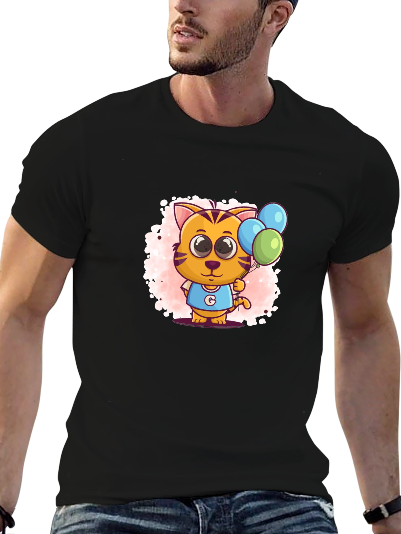 Black Cute Cartoon Cat With Balloons Black T-Shirt view 6