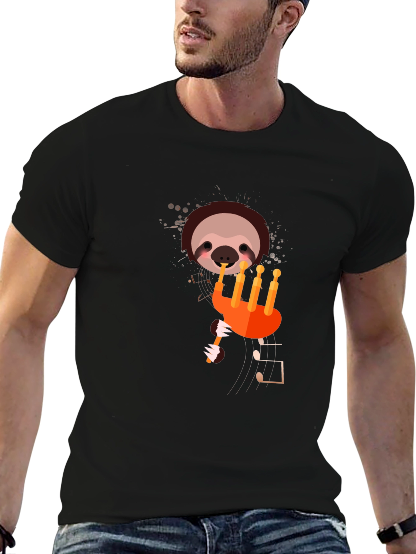 Black Sloth Piper Men's Black T-Shirt - Musical Design view 6