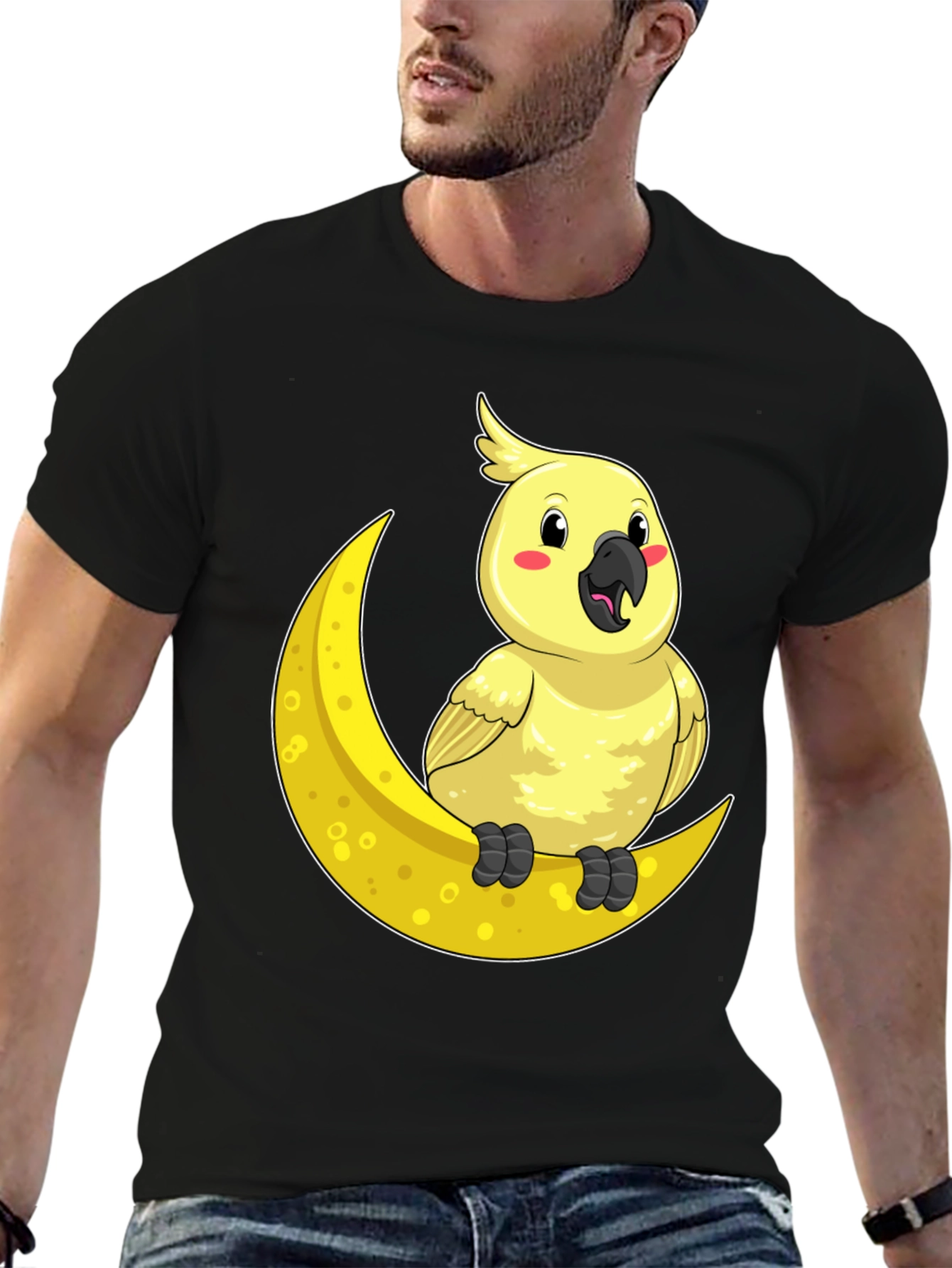 Black Cute Cockatiel On Moon T-Shirt - Soft Cotton, Unique Design view 6