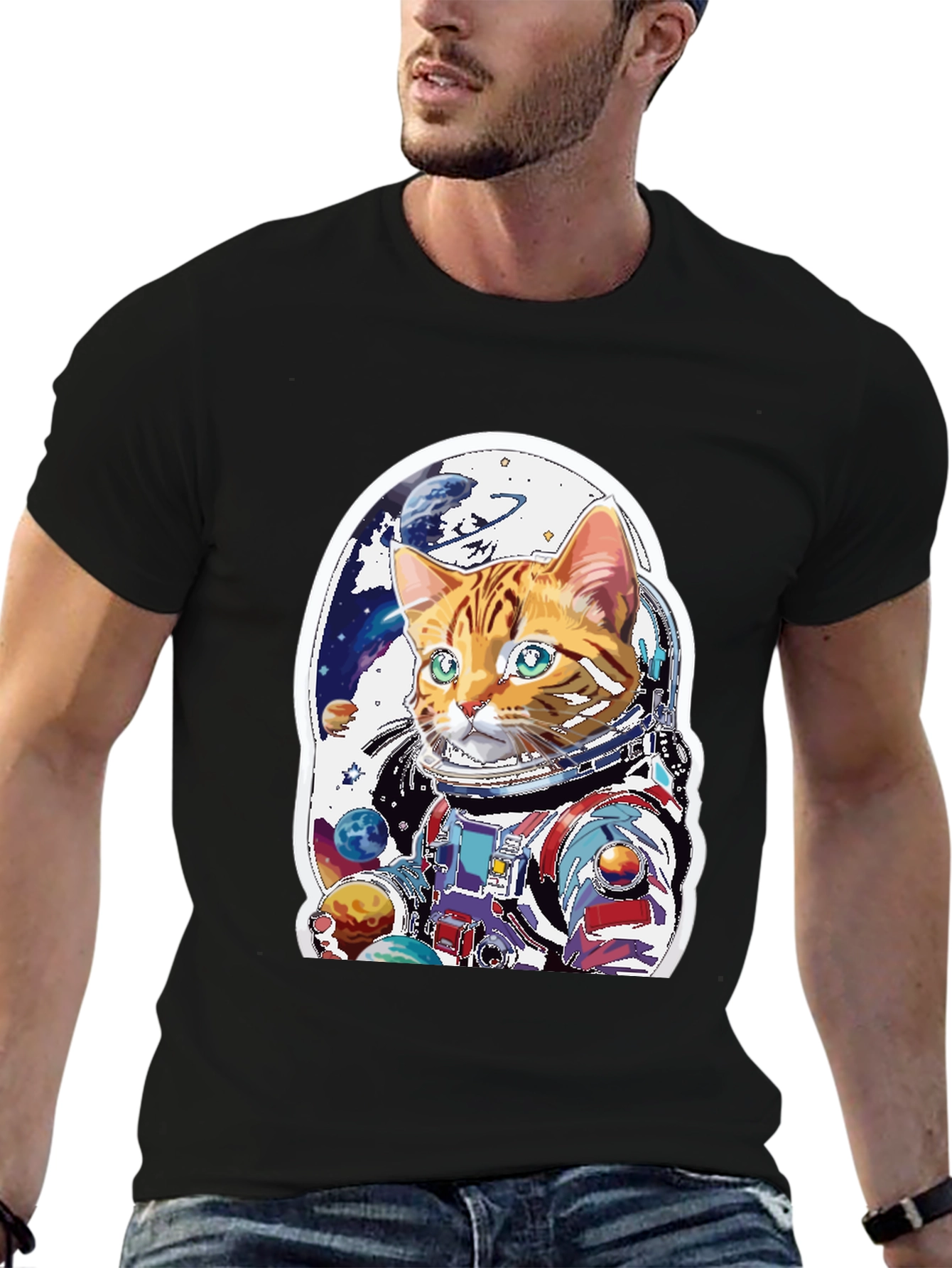 Black Cat Astronaut T-Shirt - Space Explorer Kitty Tee view 6