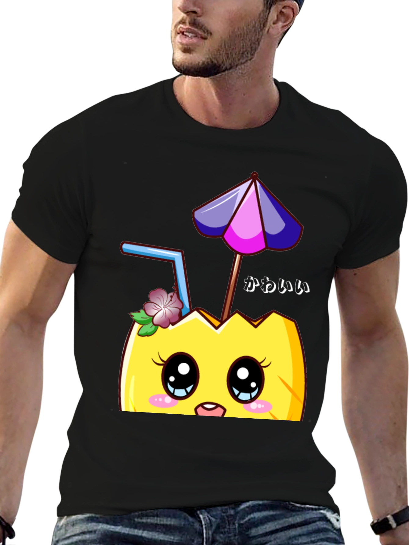 Black Kawaii Pineapple T-Shirt - Tropical Summer Vibes view 6