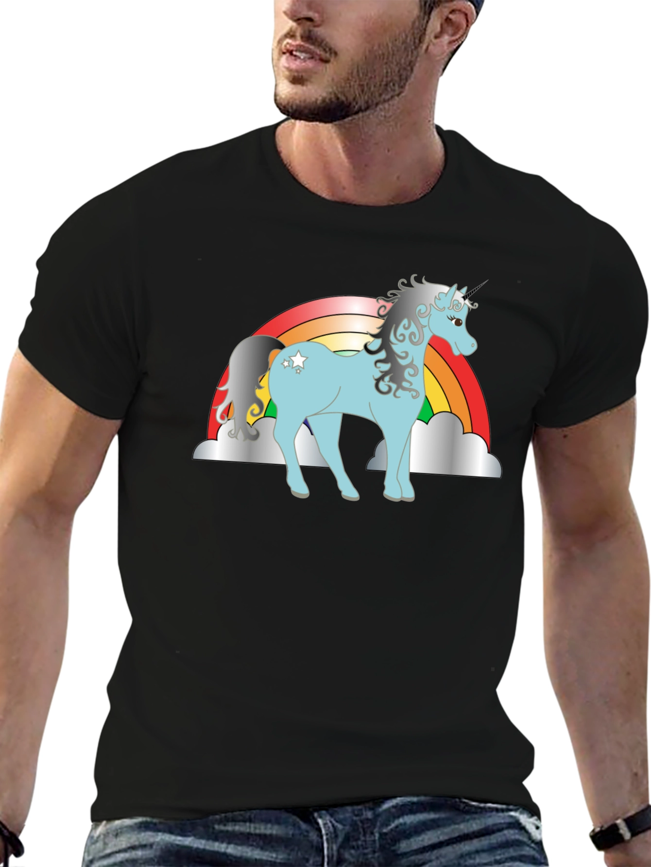 Black Rainbow Unicorn Graphic Tee - Black Cotton Shirt view 6