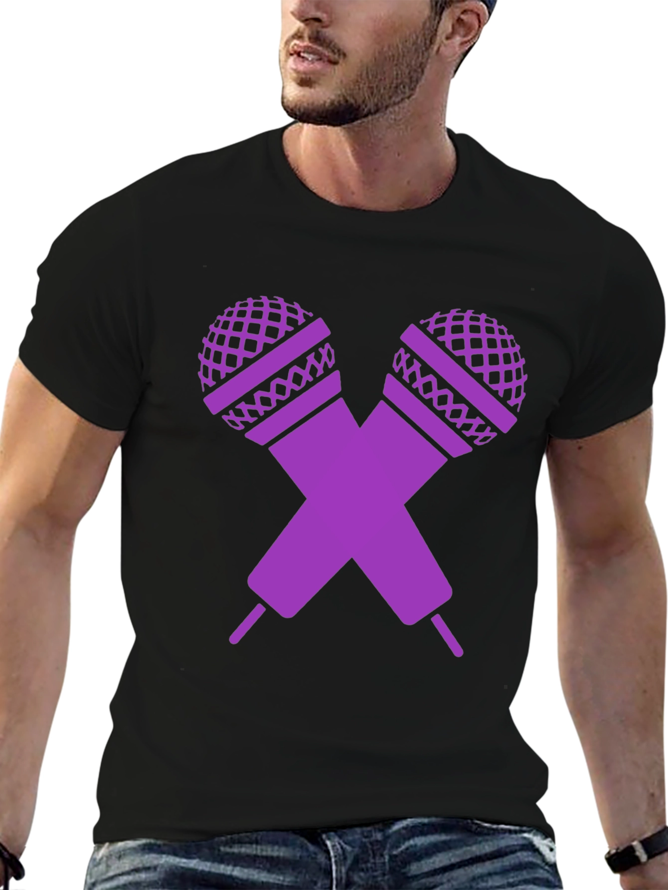 Black Purple Microphone Cross Graphic T-Shirt view 6