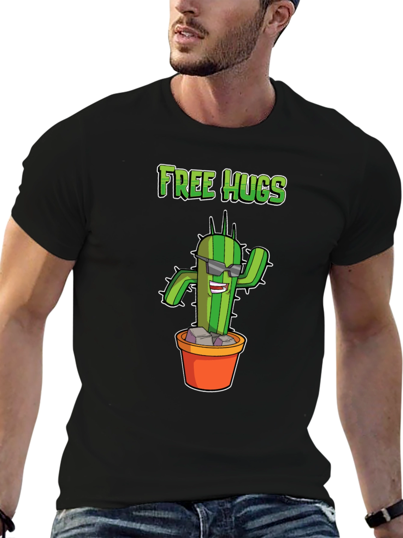 Black Funny Cactus Free Hugs Graphic T-Shirt view 6