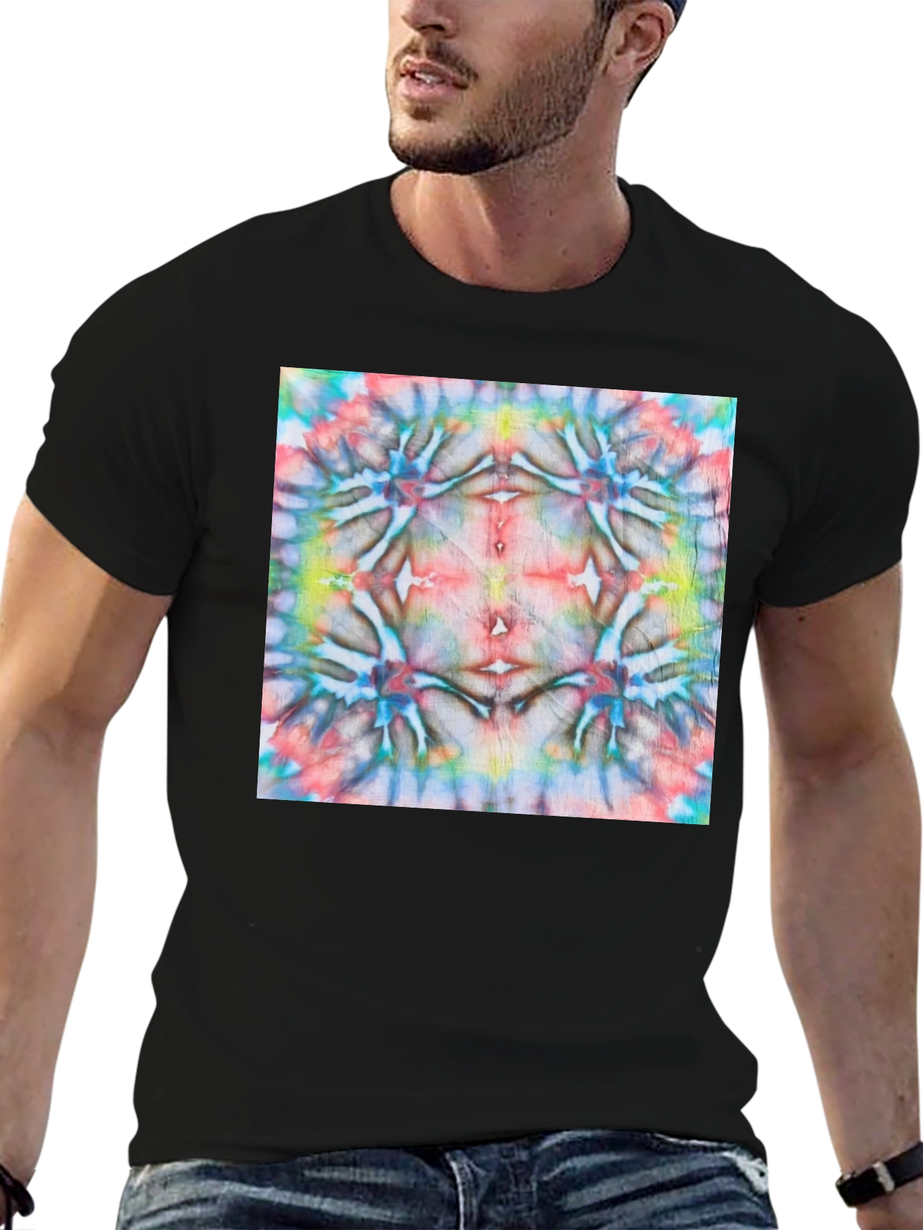 Black Psychedelic Tie-Dye Pattern Black Cotton Tee view 6
