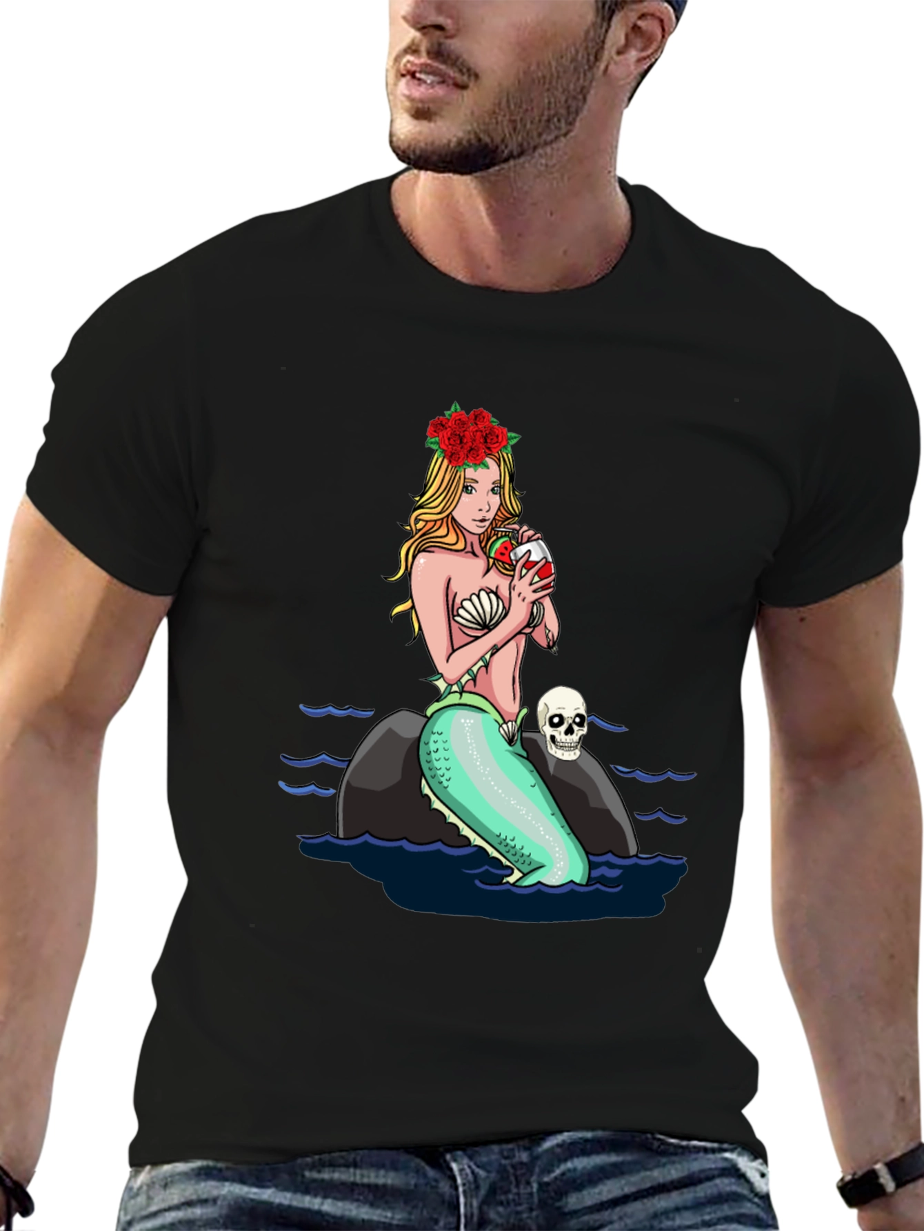 Black Mermaid Drinking Wine T-Shirt view 6