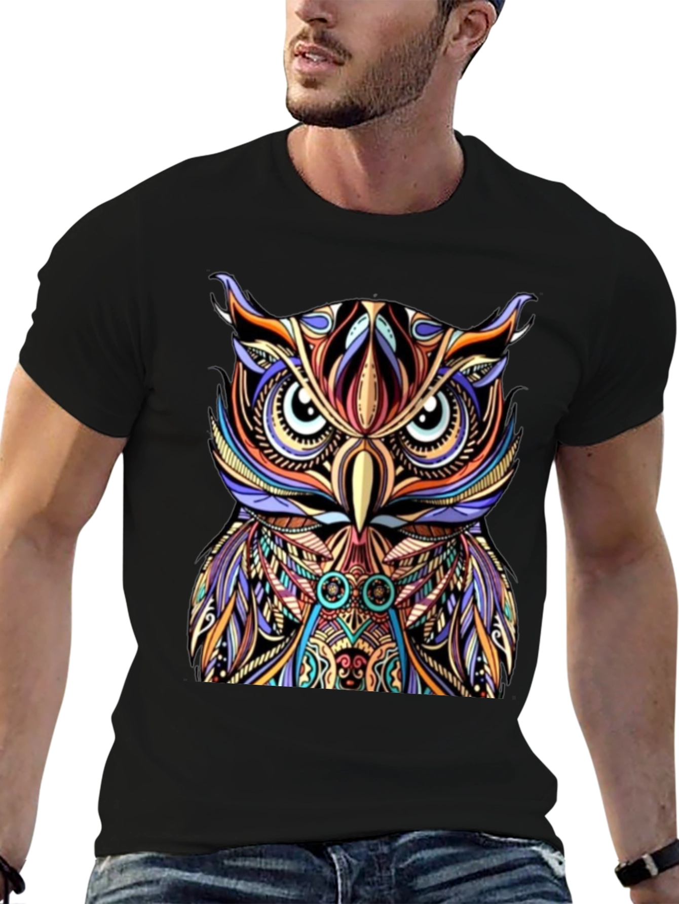 Black Colorful Owl Graphic Print Tee view 6