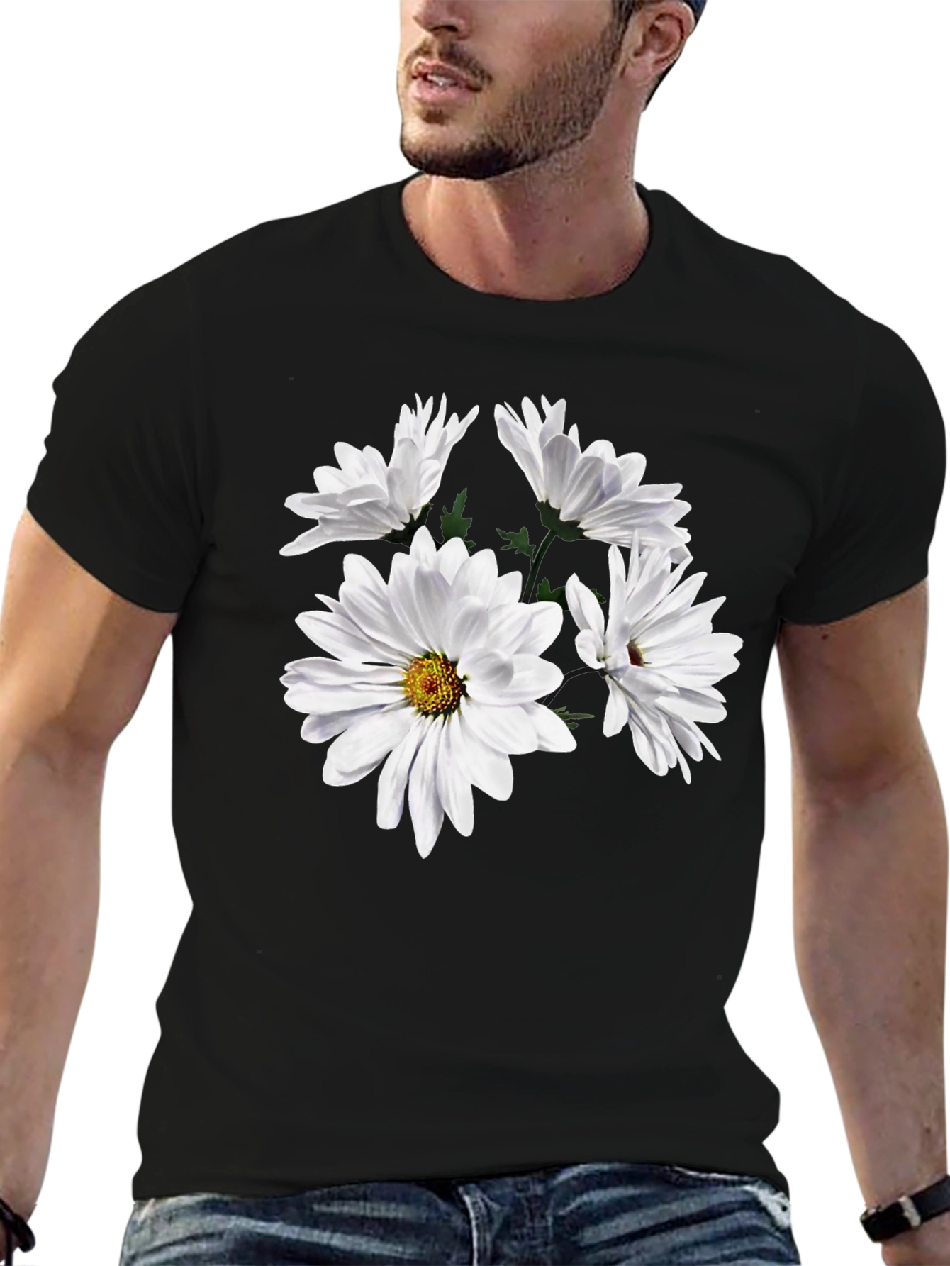 Black Daisy Flower Graphic Tee - Black Cotton T-Shirt view 6