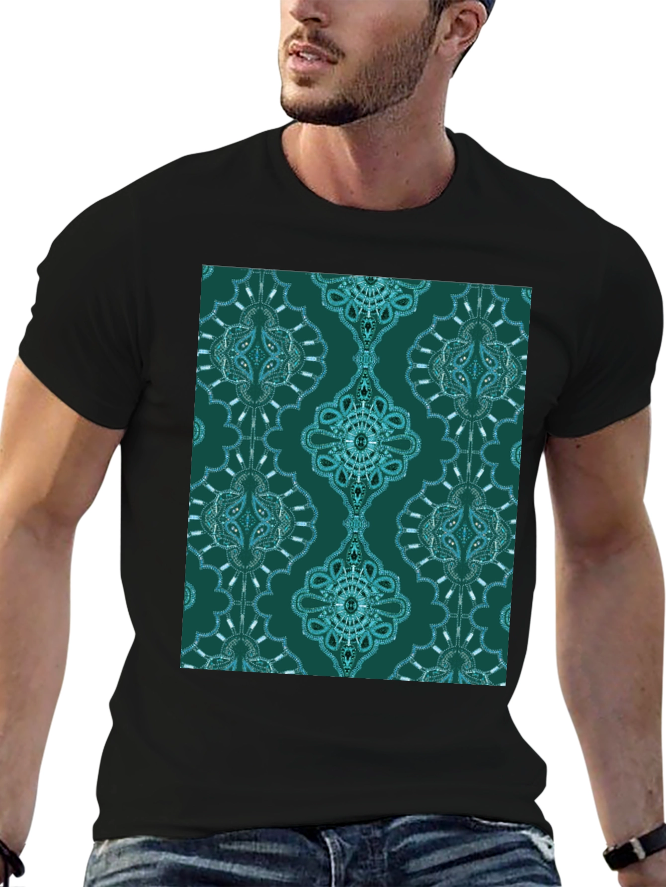 Black Stylish Patterned Teal T-Shirt view 6
