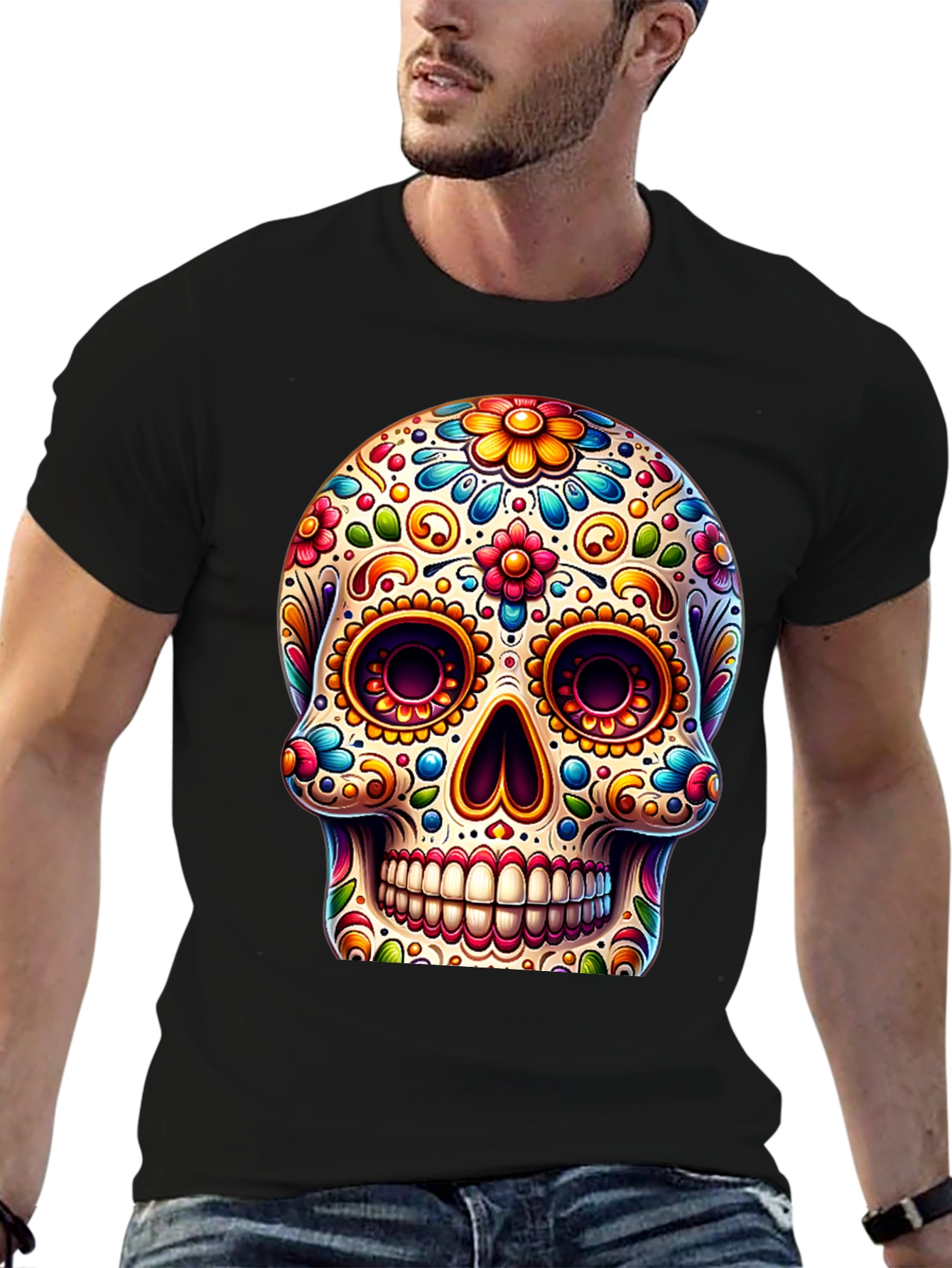 Black Sugar Skull T-Shirt: Colorful Day of the Dead Design view 6