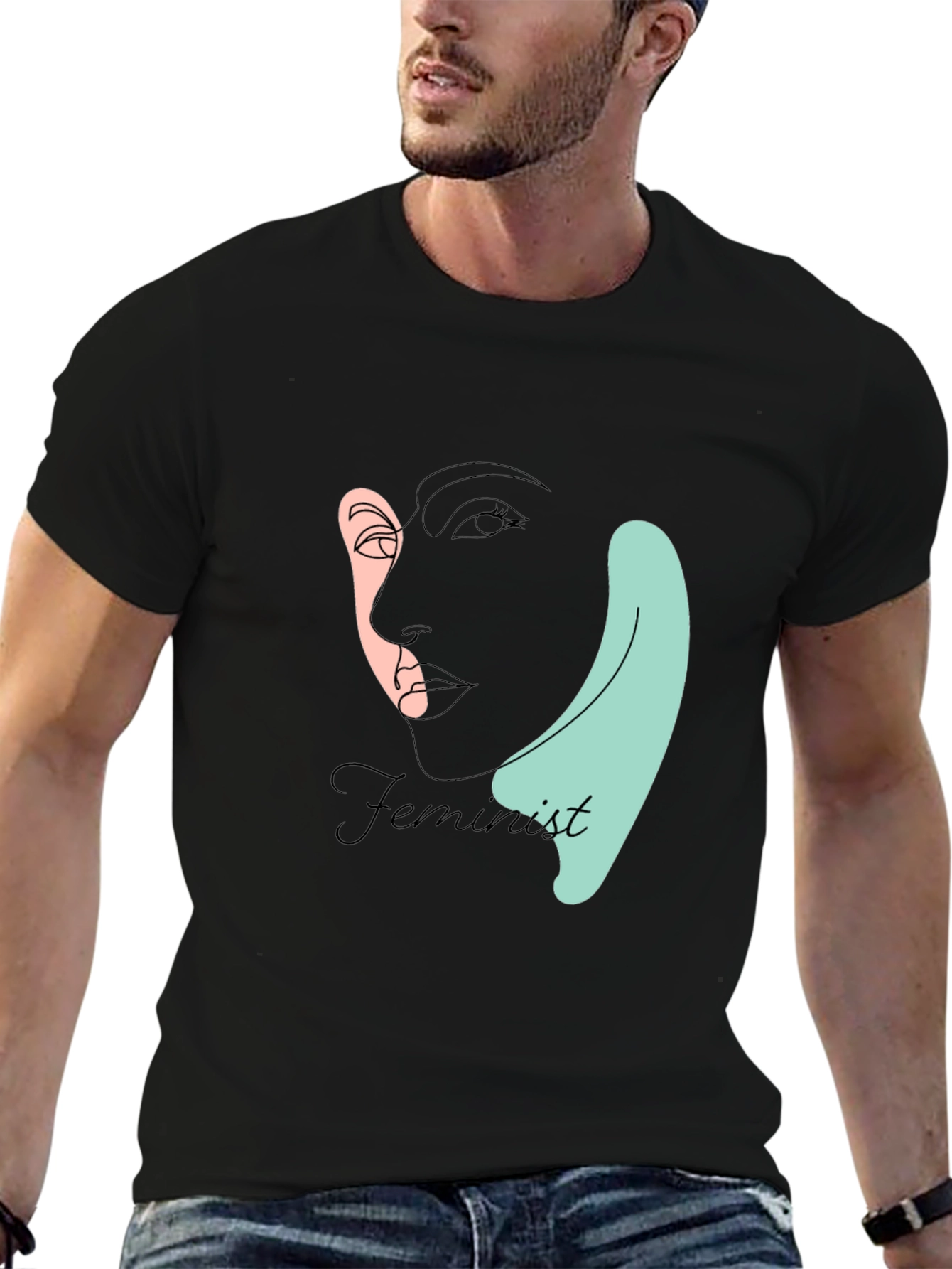 Black Feminist Line Art T-Shirt - Black view 6