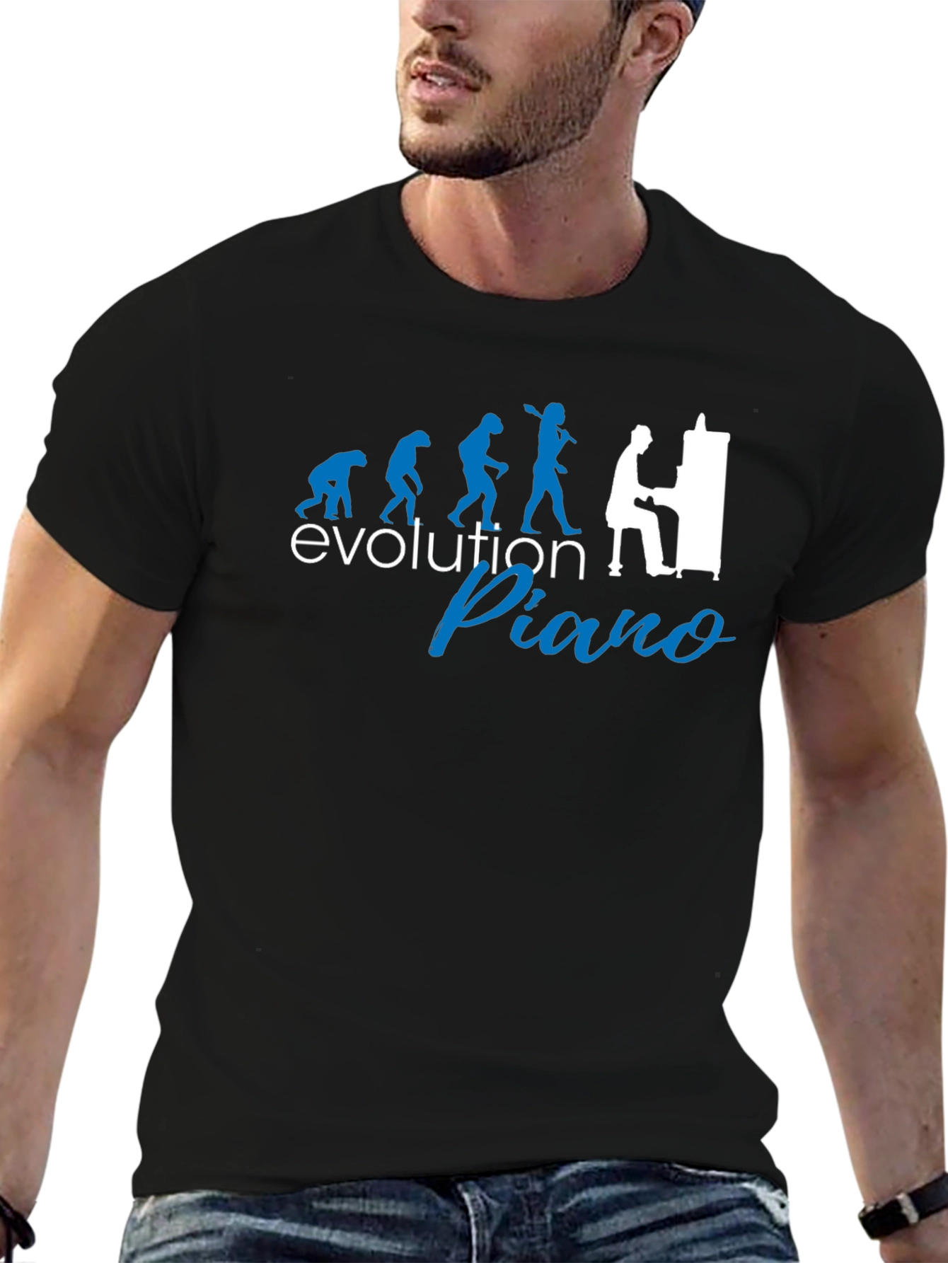 Black Evolution of Piano Player T-Shirt - Black Cotton Tee view 6