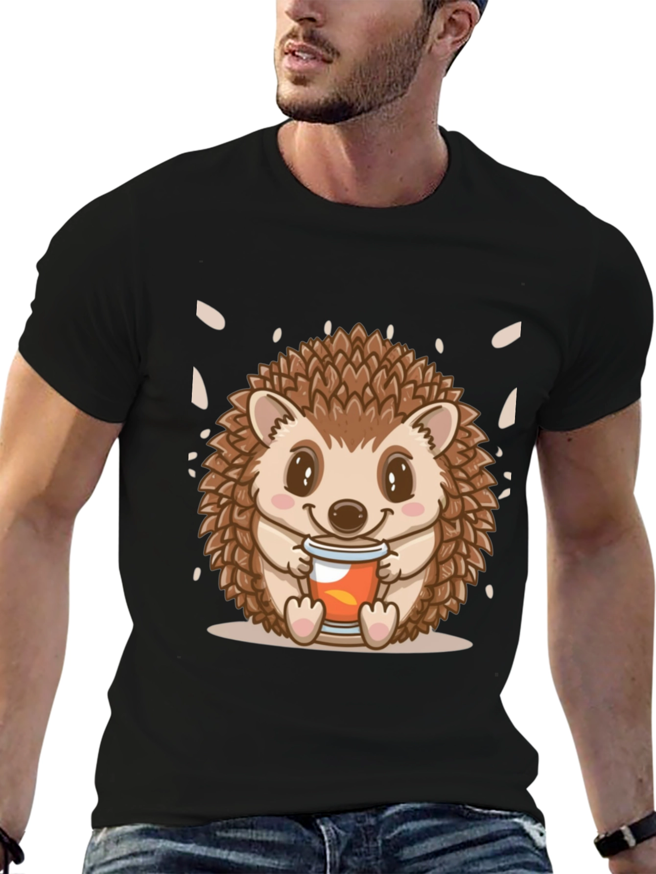 Black Cute Hedgehog Holding Drink Graphic Tee - Black view 6